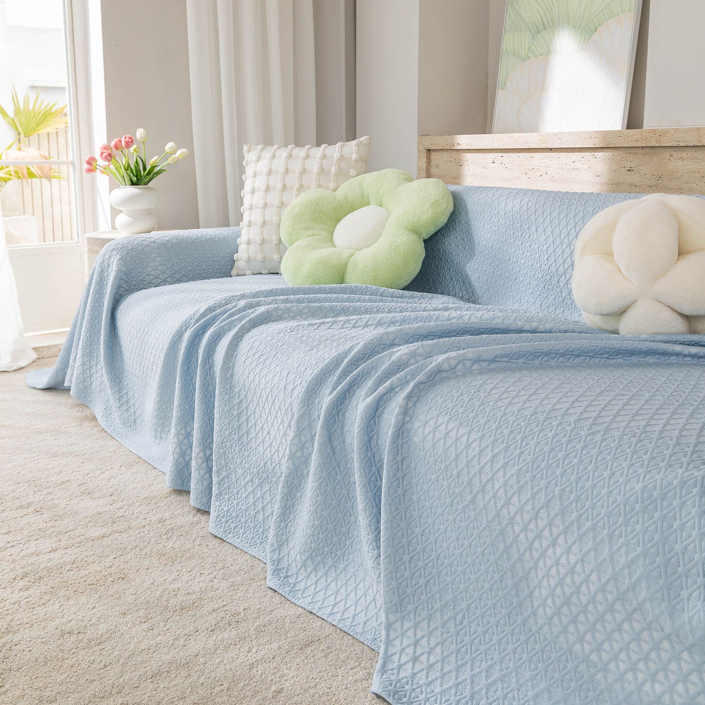 Cooling Ice Silk Sofa Throw Cover, Summer Diamond Textured Furniture Protector Blanket