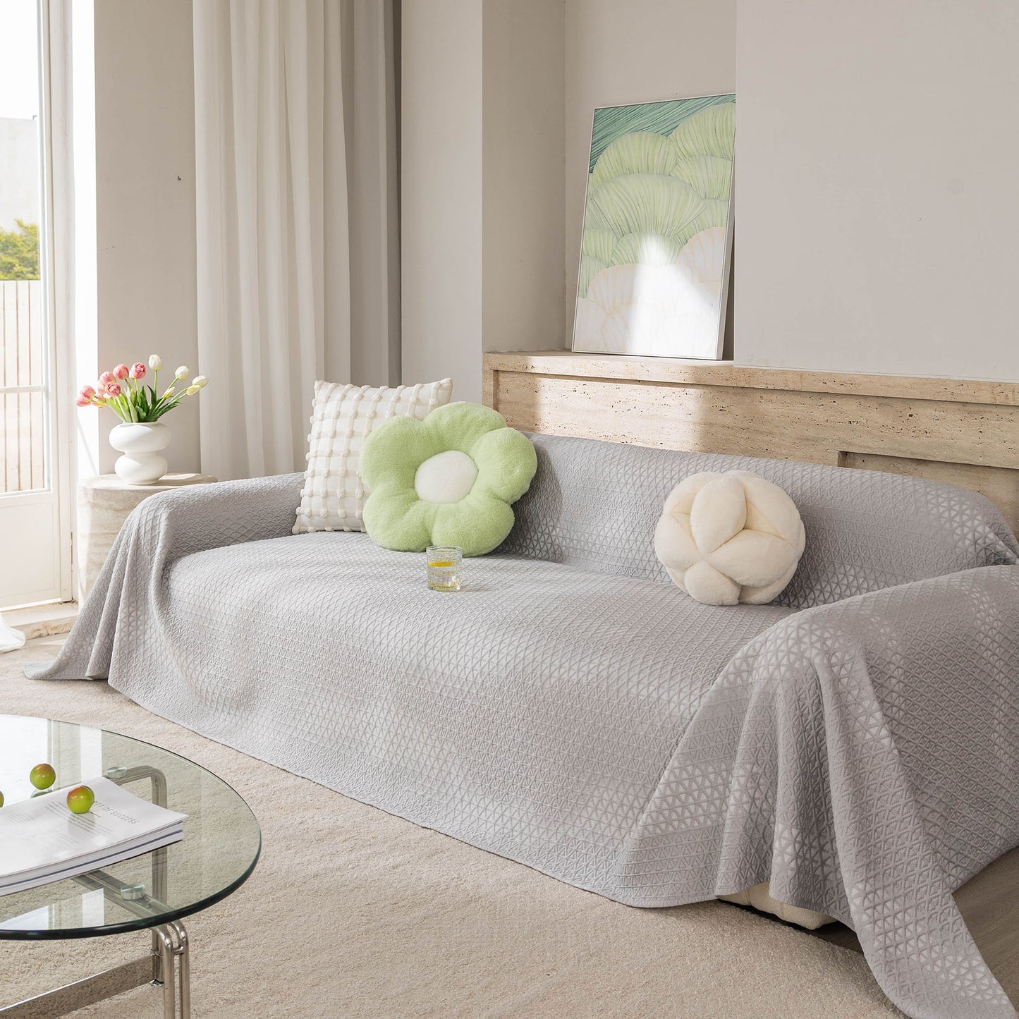Cooling Ice Silk Sofa Throw Cover, Summer Diamond Textured Furniture Protector Blanket