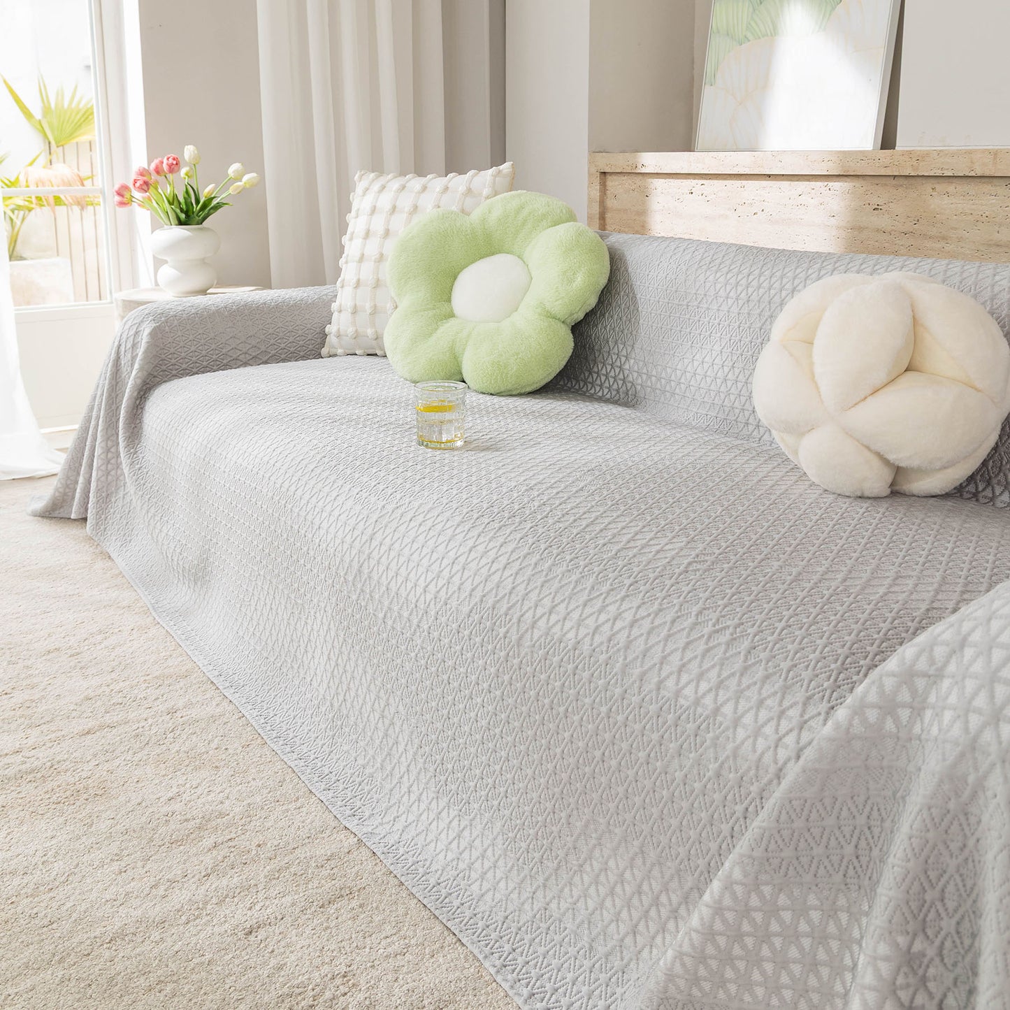 Cooling Ice Silk Sofa Throw Cover, Summer Diamond Textured Furniture Protector Blanket