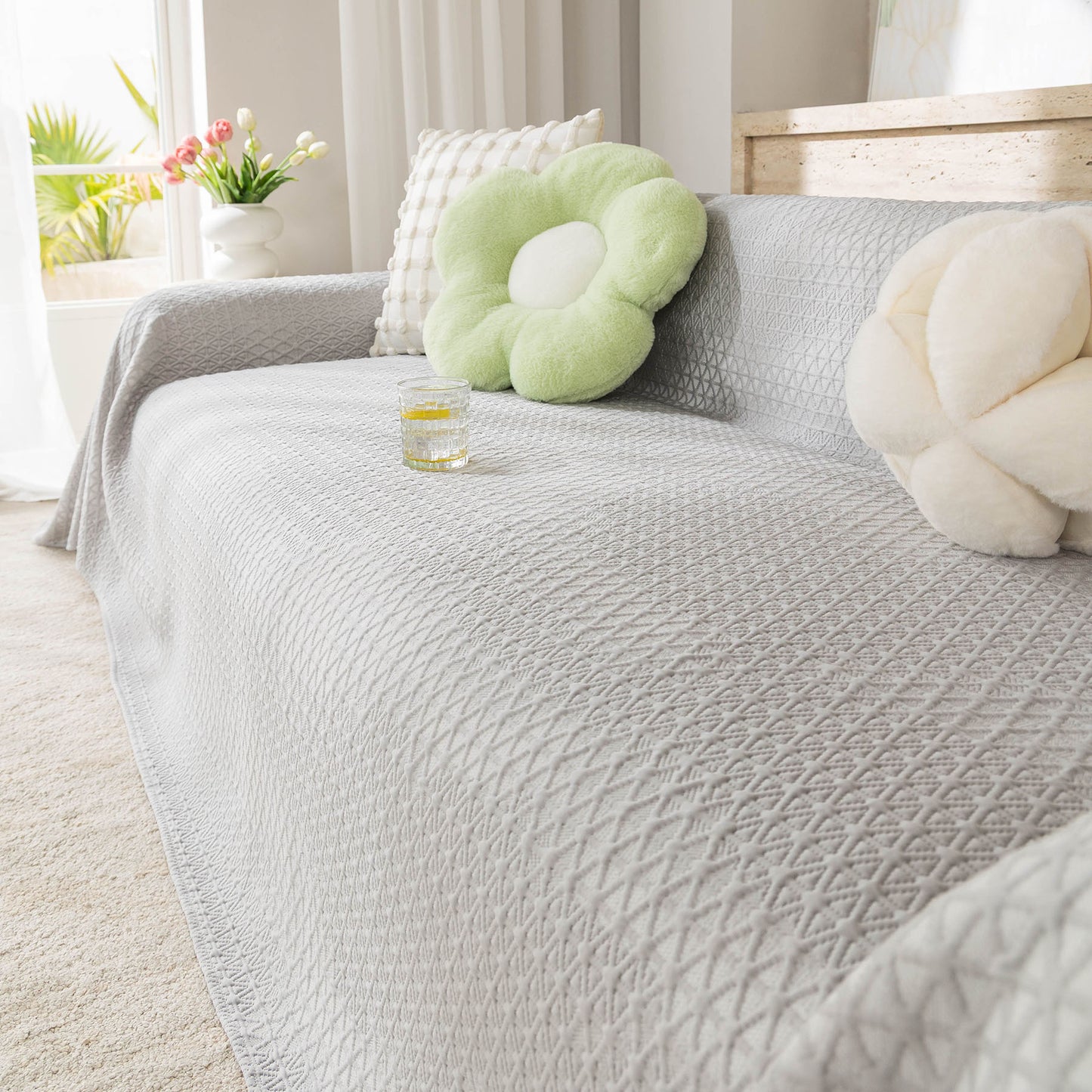 Cooling Ice Silk Sofa Throw Cover, Summer Diamond Textured Furniture Protector Blanket