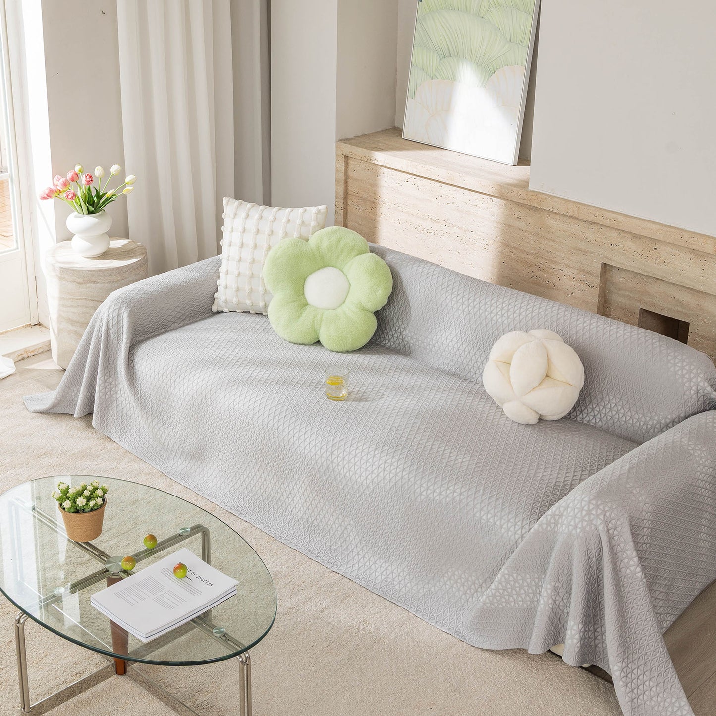 Cooling Ice Silk Sofa Throw Cover, Summer Diamond Textured Furniture Protector Blanket