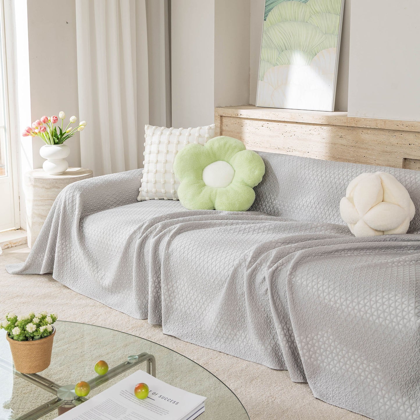 Cooling Ice Silk Sofa Throw Cover, Summer Diamond Textured Furniture Protector Blanket