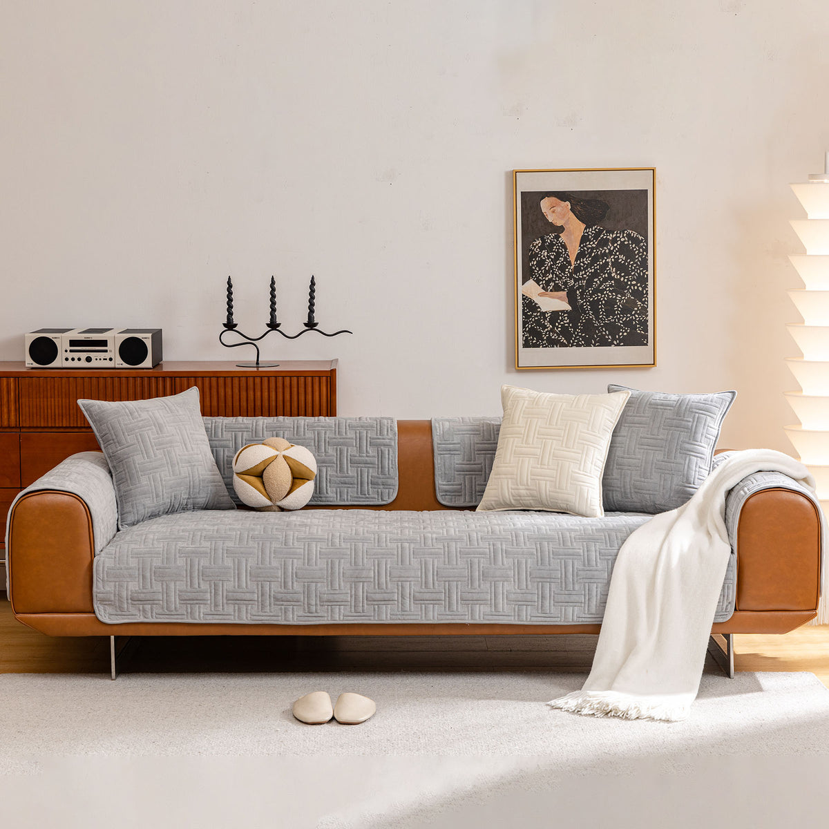 Quilted Velvet Sofa Cover, Thick Padded Couch Protector with Raised Geometric Texture