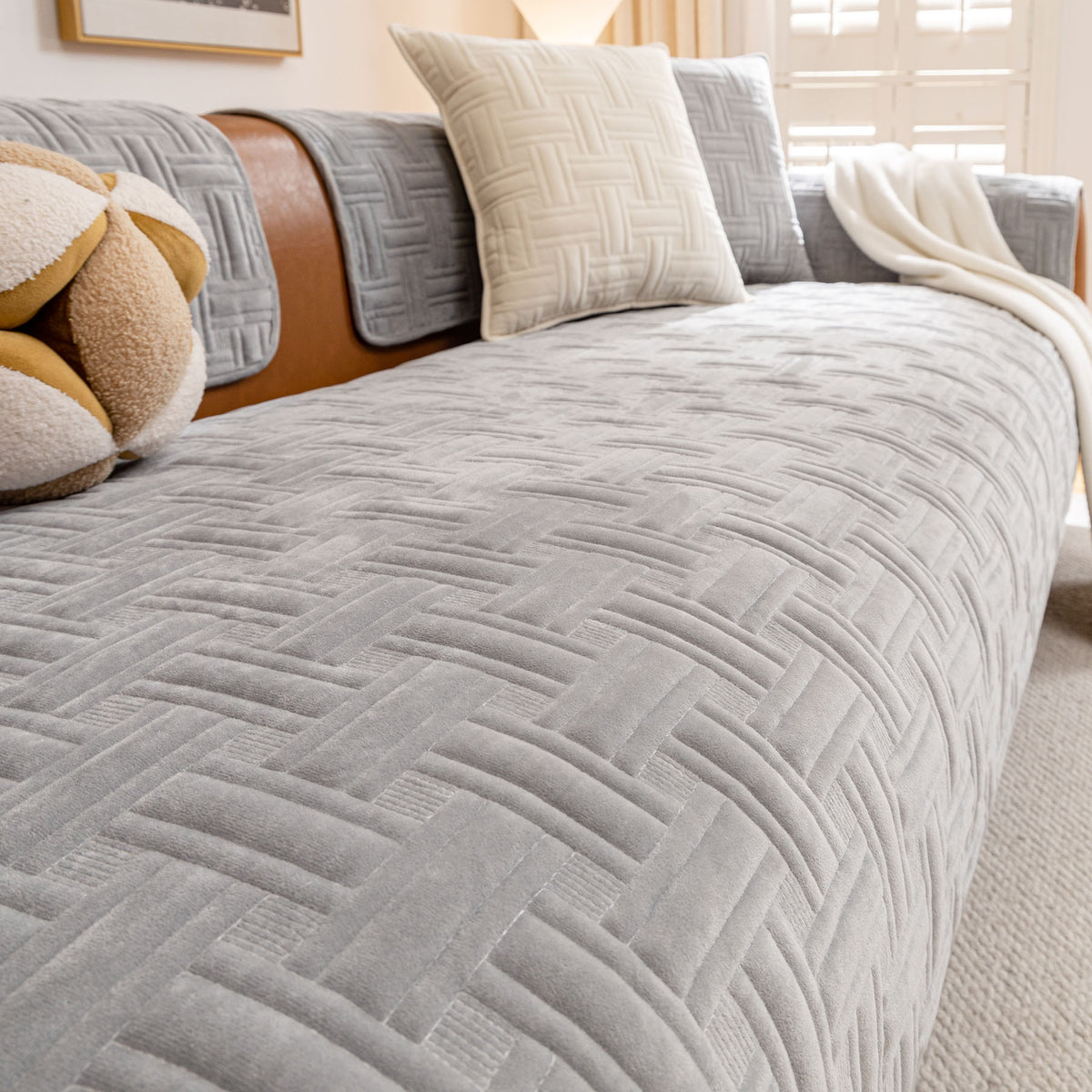 Quilted Velvet Sofa Cover, Thick Padded Couch Protector with Raised Geometric Texture