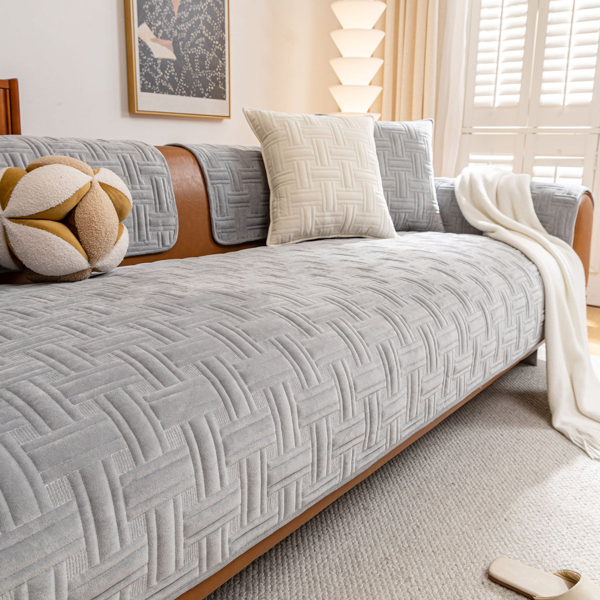 Quilted Velvet Sofa Cover, Thick Padded Couch Protector with Raised Geometric Texture