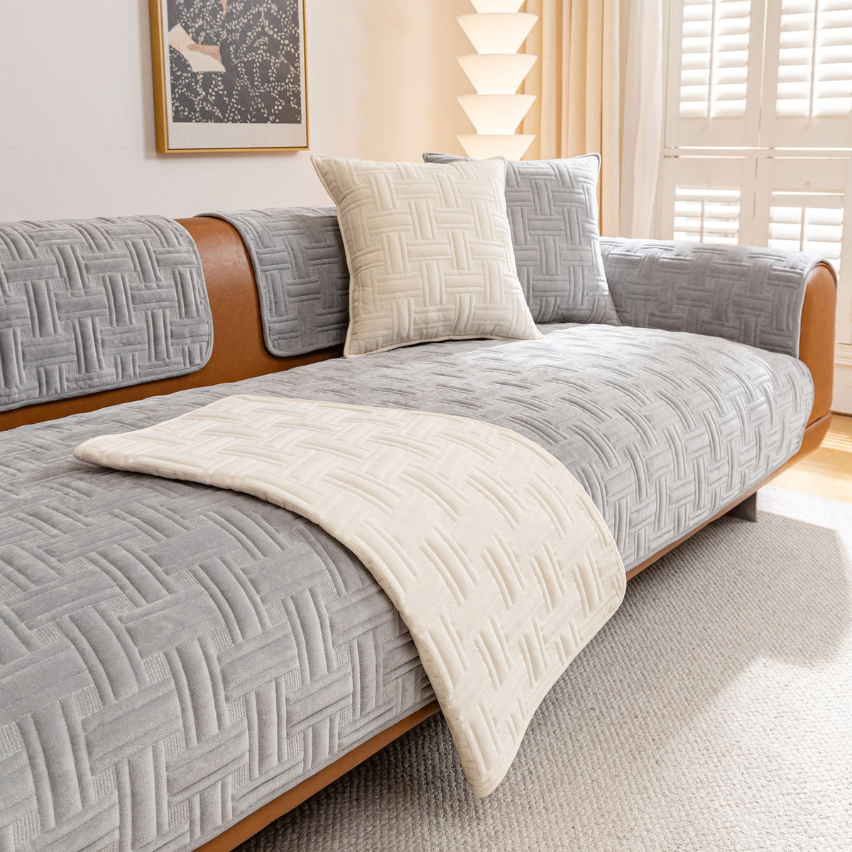 Quilted Velvet Sofa Cover, Thick Padded Couch Protector with Raised Geometric Texture