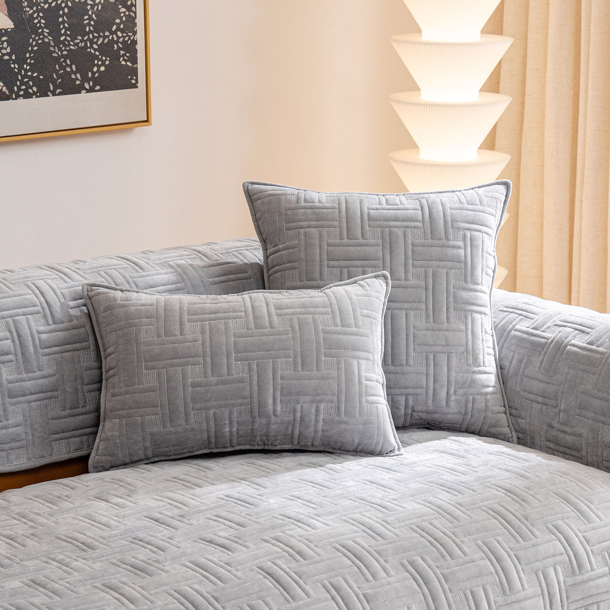 Quilted Velvet Sofa Cover, Thick Padded Couch Protector with Raised Geometric Texture