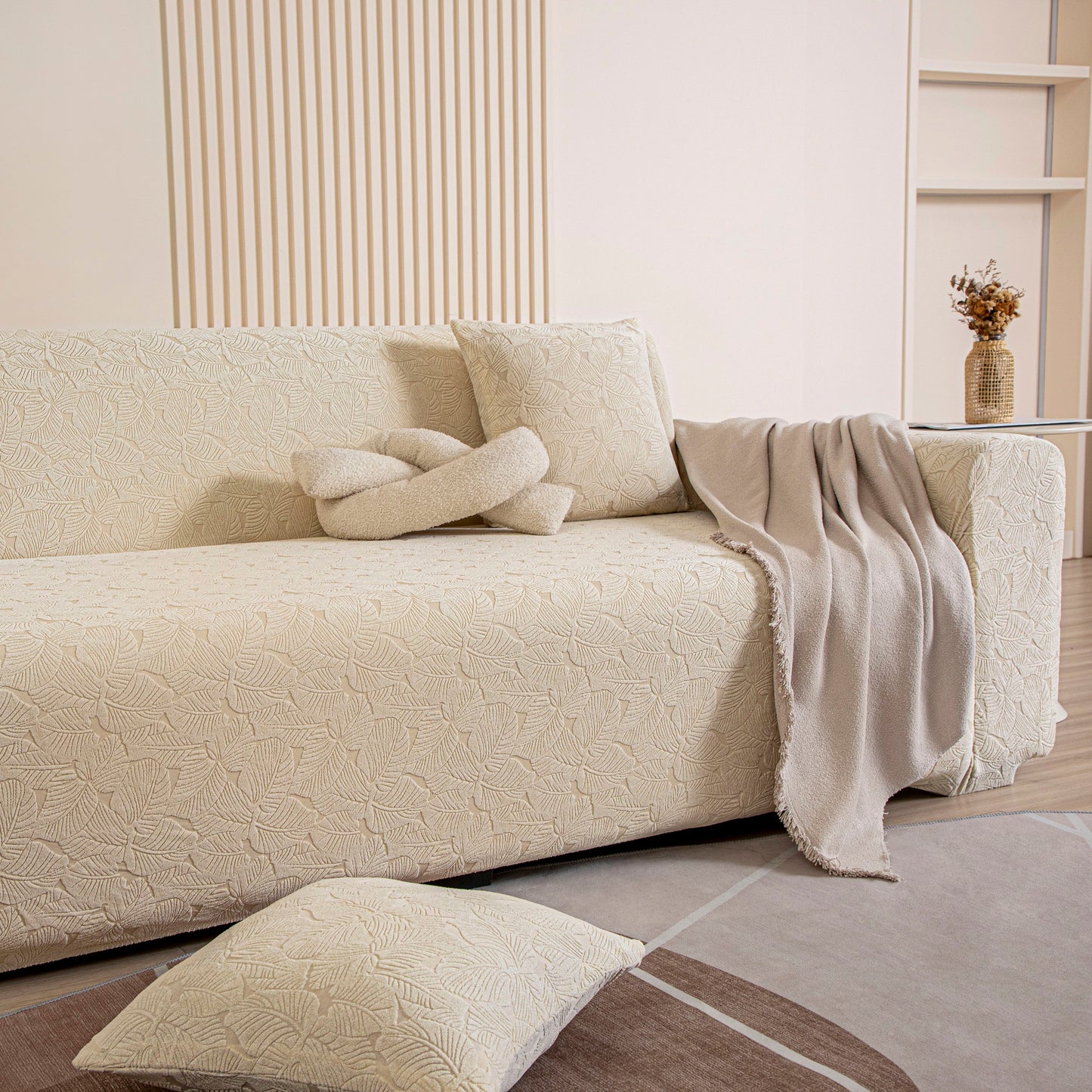 3D Jacquard Leaf Pattern Couch Slipcover, High Stretch Washable Textured Sofa Cover