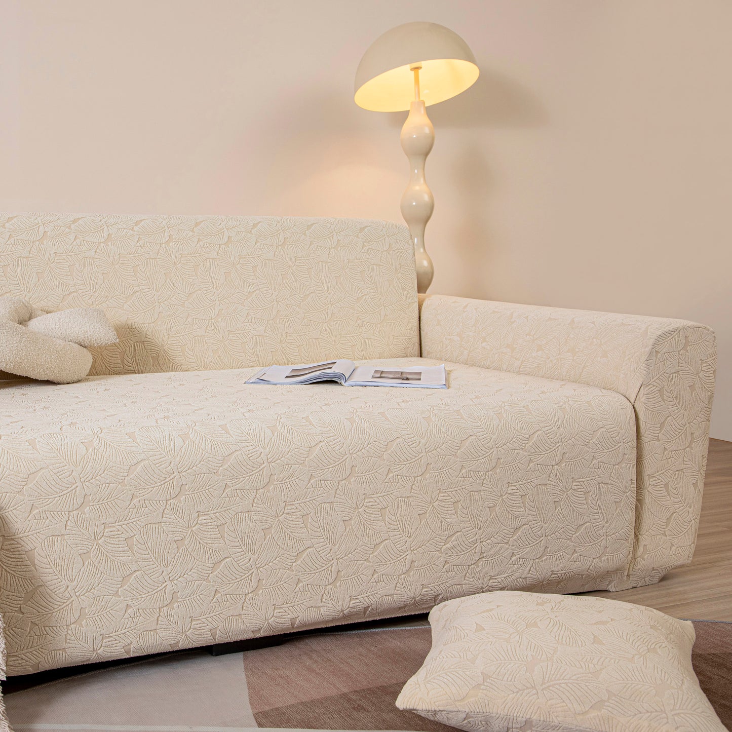 3D Jacquard Leaf Pattern Couch Slipcover, High Stretch Washable Textured Sofa Cover