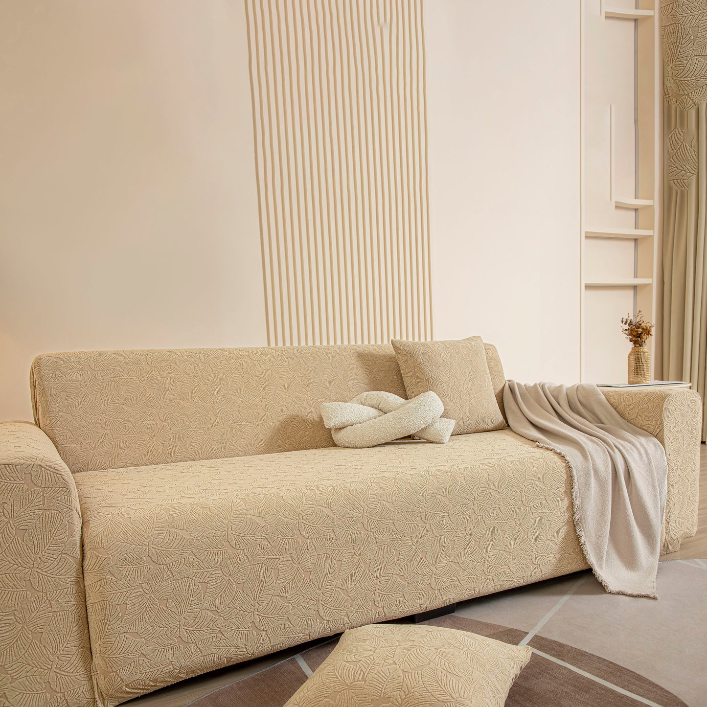 3D Jacquard Leaf Pattern Couch Slipcover, High Stretch Washable Textured Sofa Cover