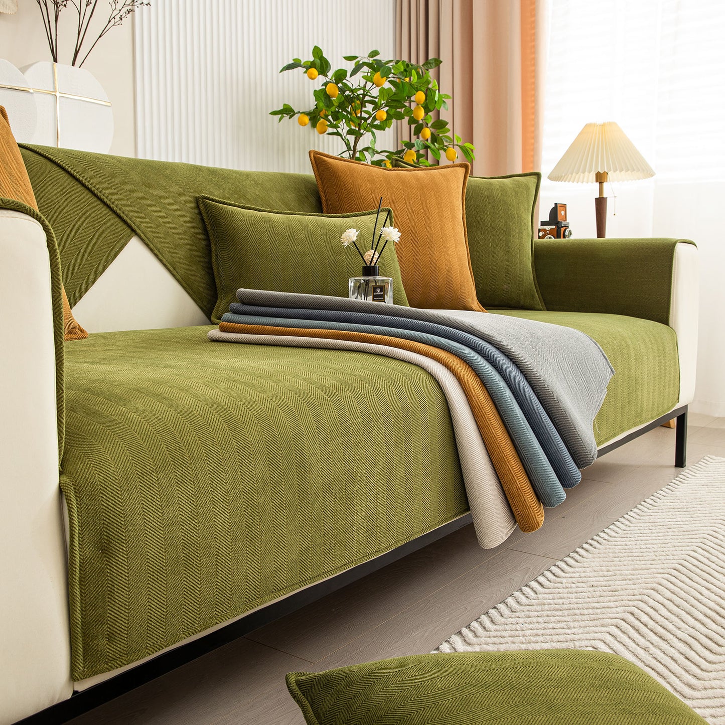Herringbone Quilted Couch Seat and Backrest Cover, Separate Sofa Cushion Covers