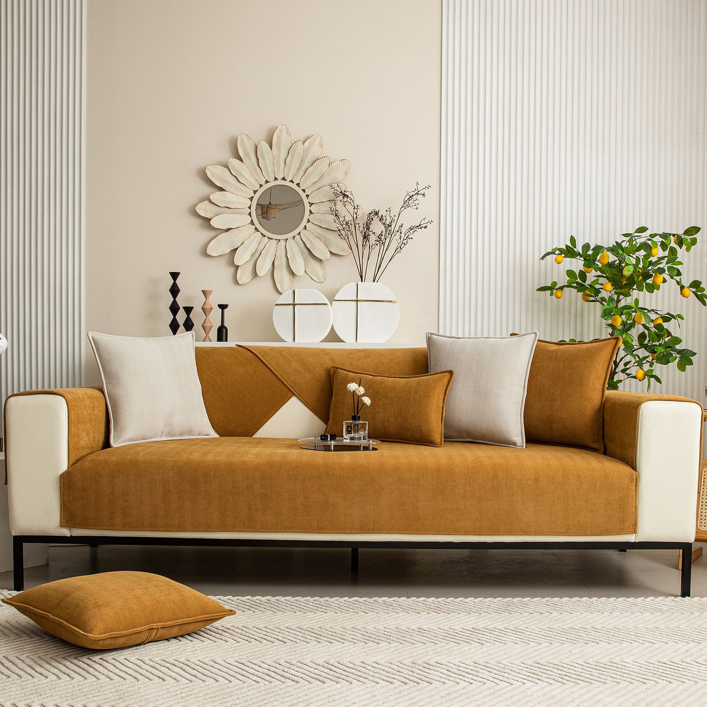 Herringbone Quilted Couch Seat and Backrest Cover, Separate Sofa Cushion Covers