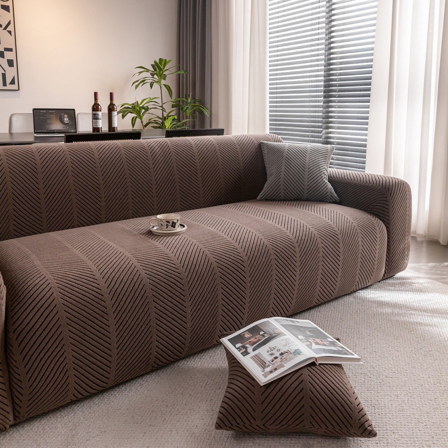 High Stretch Chevron Sofa Cover, Soft Washable Textured Jacquard Slipcover for Couch