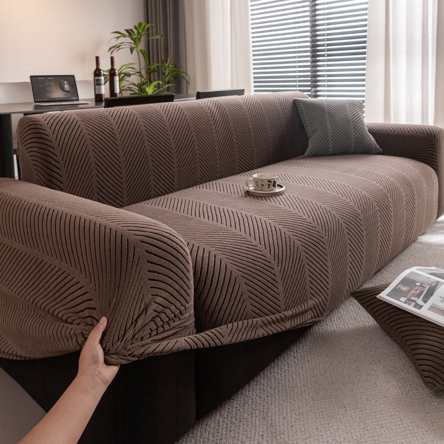 High Stretch Chevron Sofa Cover, Soft Washable Textured Jacquard Slipcover for Couch