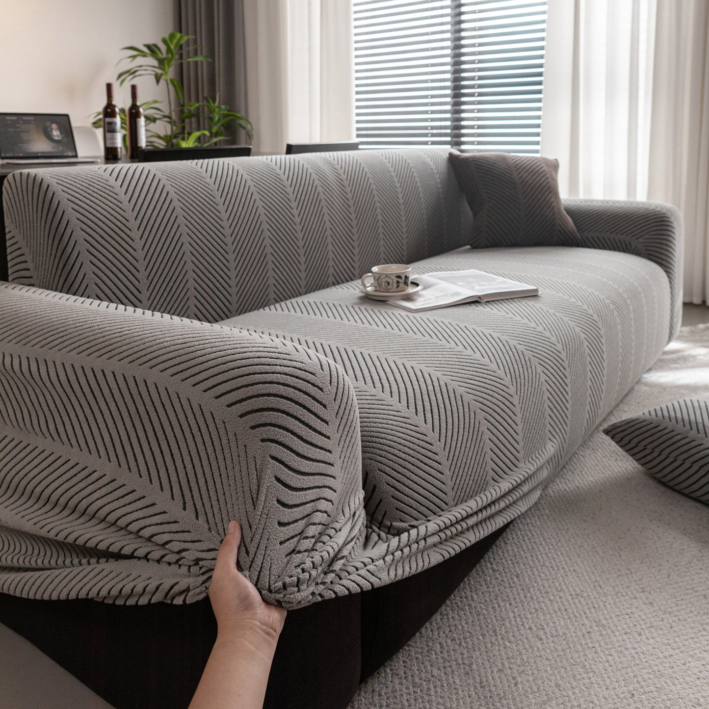 High Stretch Chevron Sofa Cover, Soft Washable Textured Jacquard Slipcover for Couch