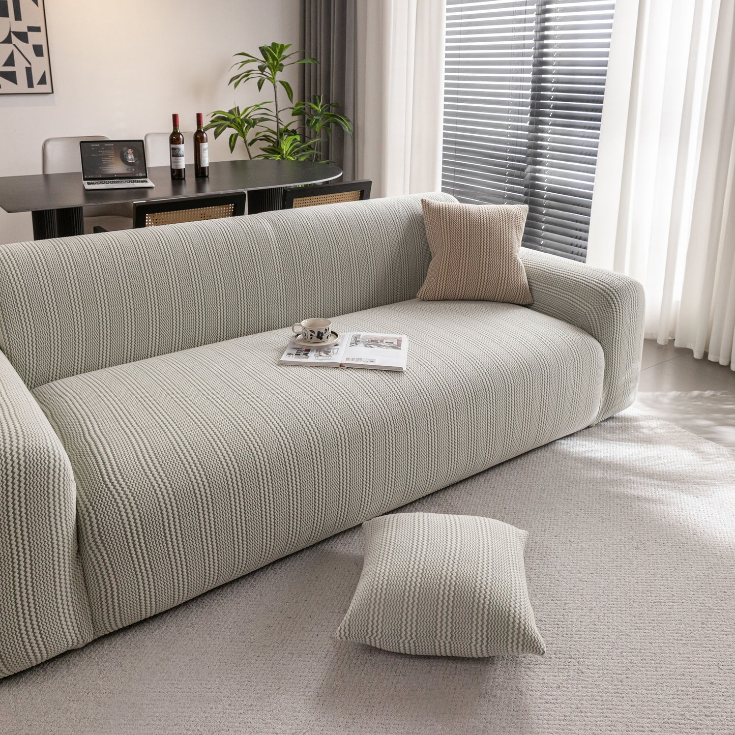 Modern Textured Stretch Sofa Cover, Plush Fleece Sofa Slipcover with 3D Stripe Texture