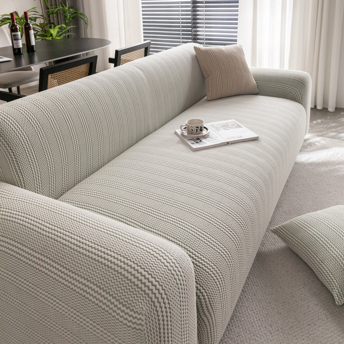 Modern Textured Stretch Sofa Cover, Plush Fleece Sofa Slipcover with 3D Stripe Texture