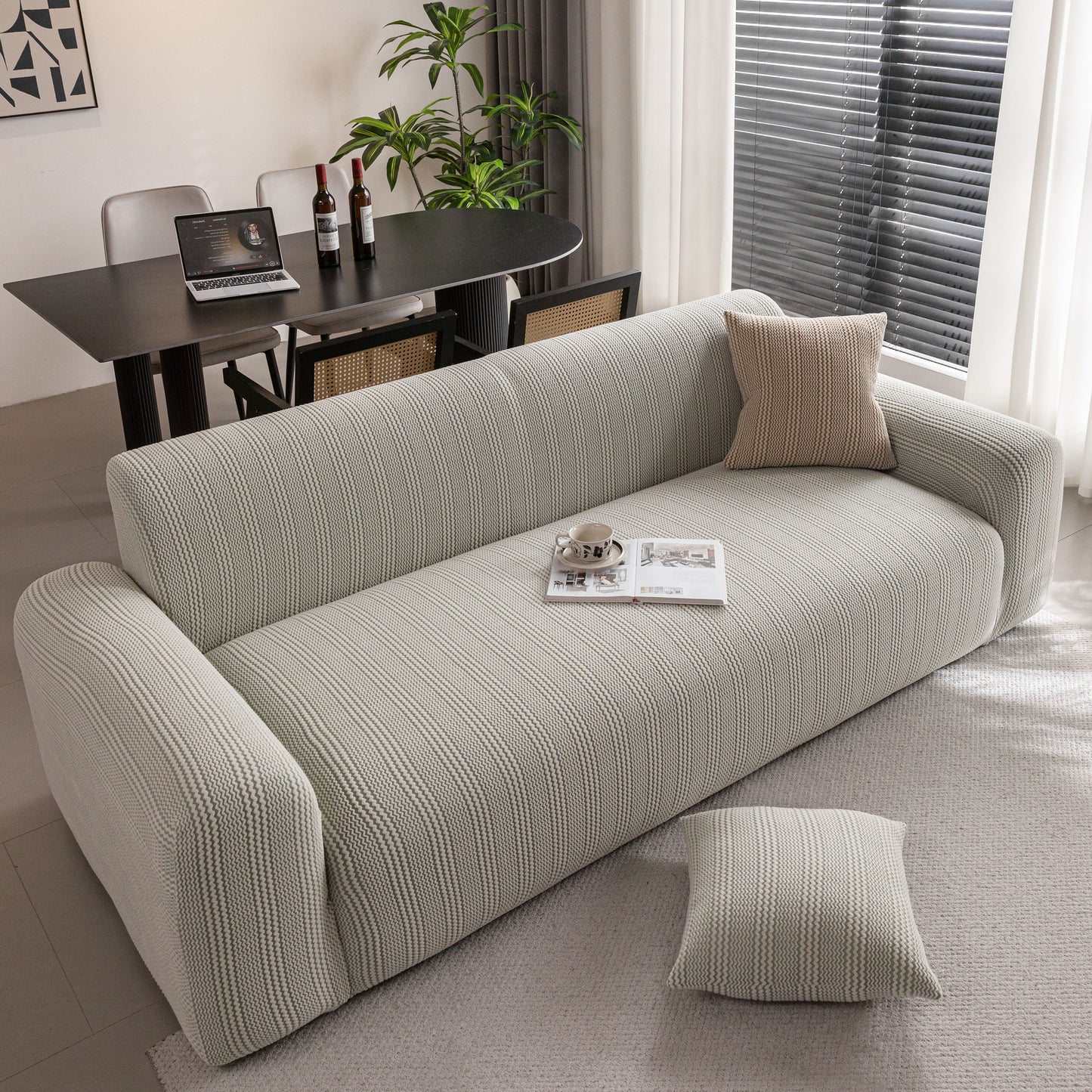 Modern Textured Stretch Sofa Cover, Plush Fleece Sofa Slipcover with 3D Stripe Texture