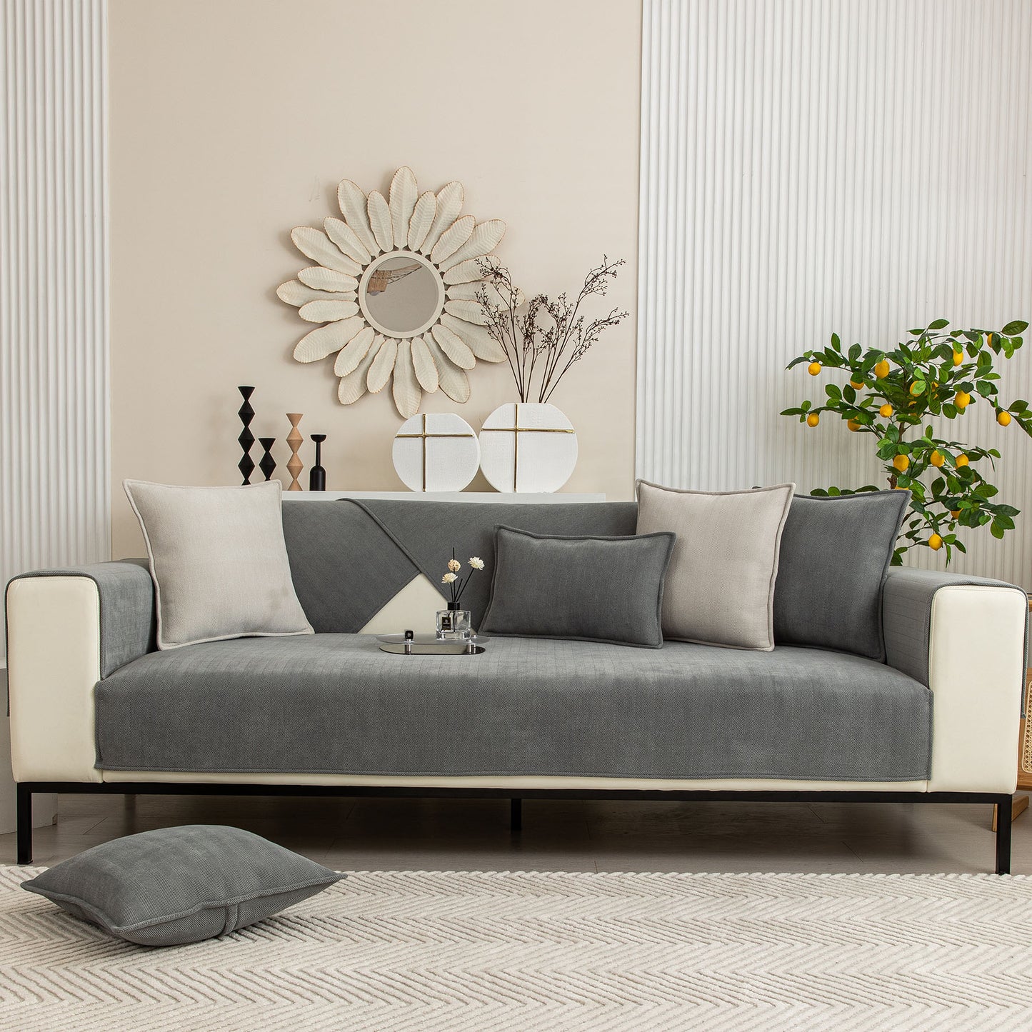Herringbone Quilted Couch Seat and Backrest Cover, Separate Sofa Cushion Covers