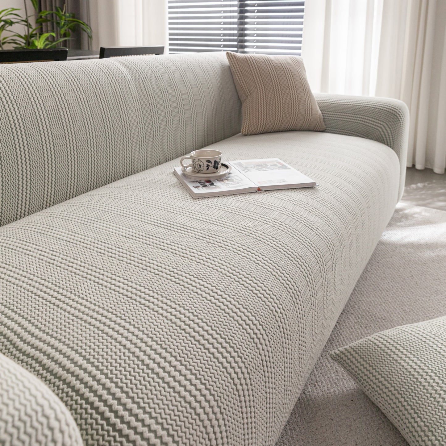 Modern Textured Stretch Sofa Cover, Plush Fleece Sofa Slipcover with 3D Stripe Texture