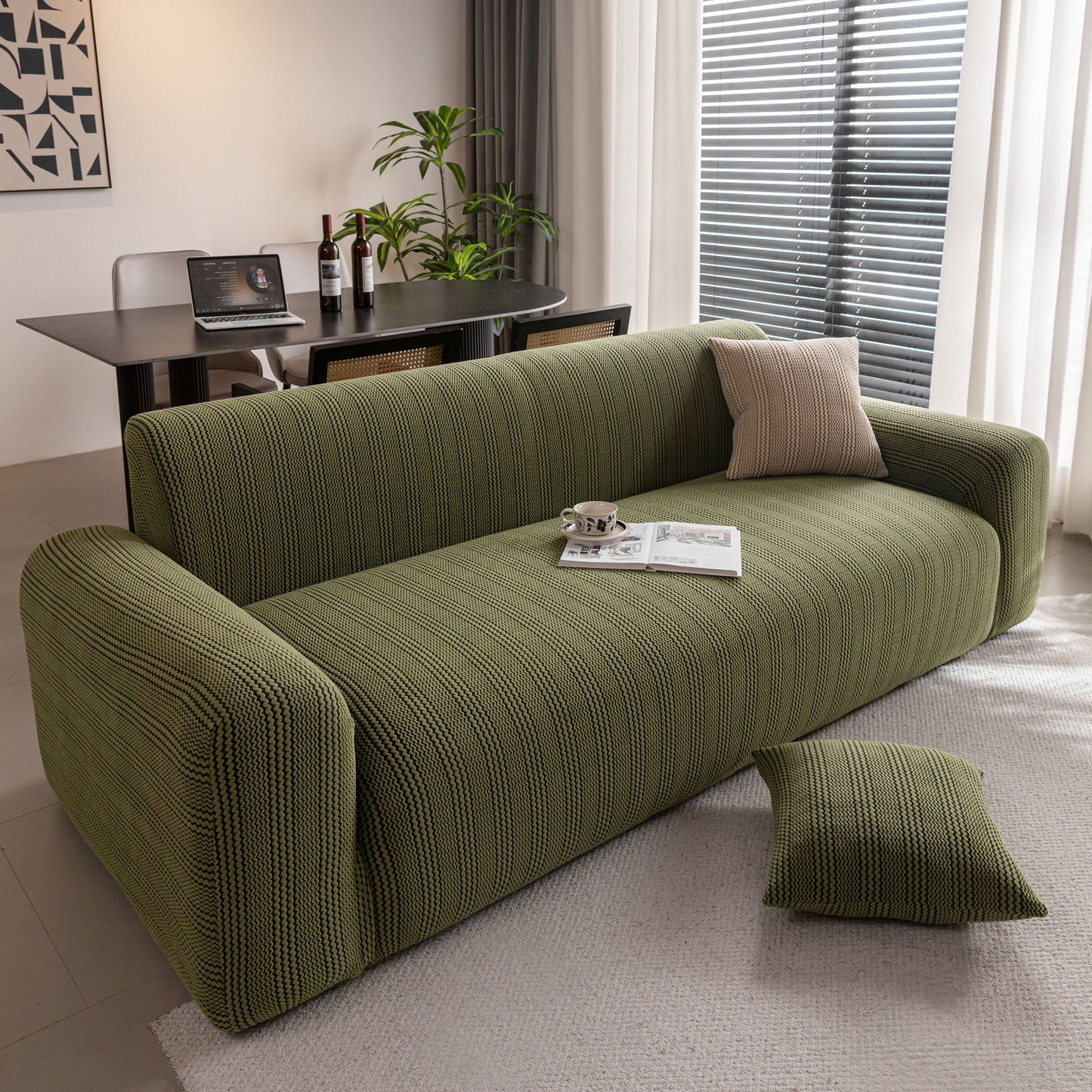 Modern Textured Stretch Sofa Cover, Plush Fleece Sofa Slipcover with 3D Stripe Texture