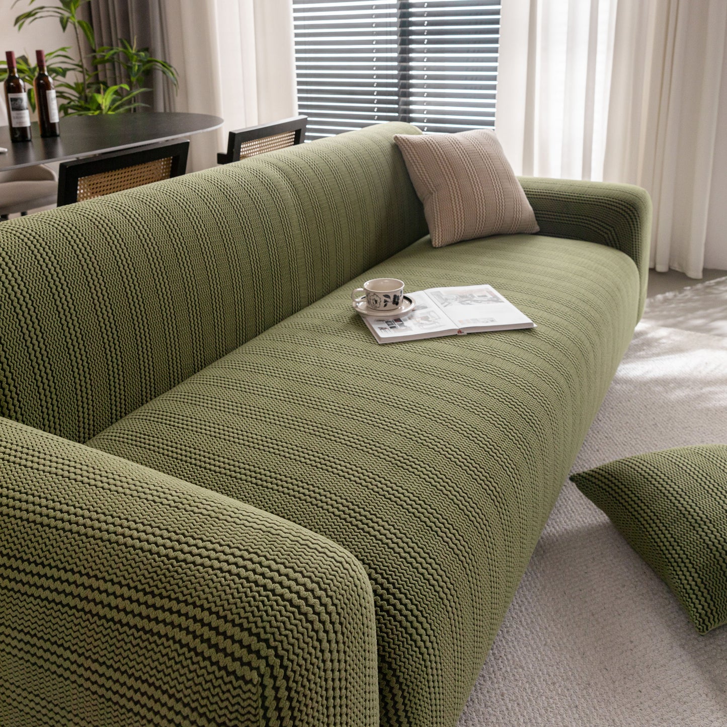 Modern Textured Stretch Sofa Cover, Plush Fleece Sofa Slipcover with 3D Stripe Texture
