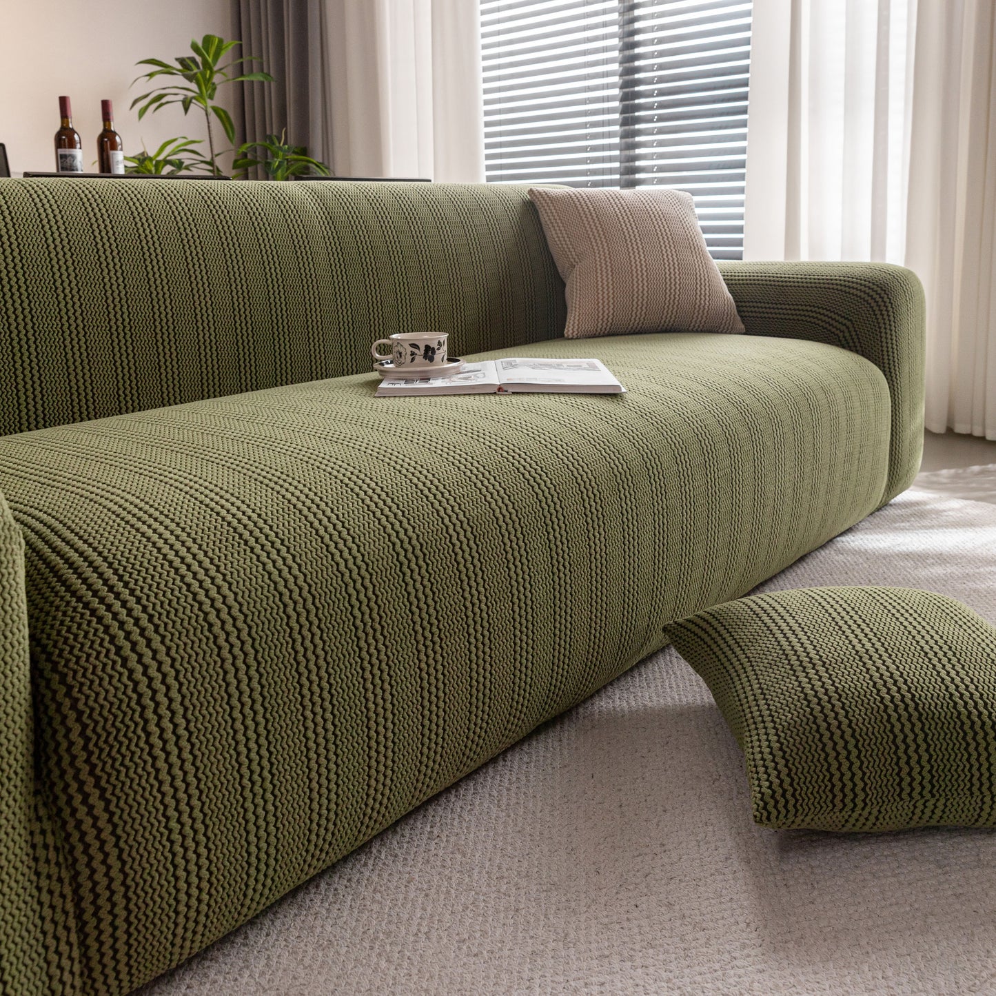 Modern Textured Stretch Sofa Cover, Plush Fleece Sofa Slipcover with 3D Stripe Texture