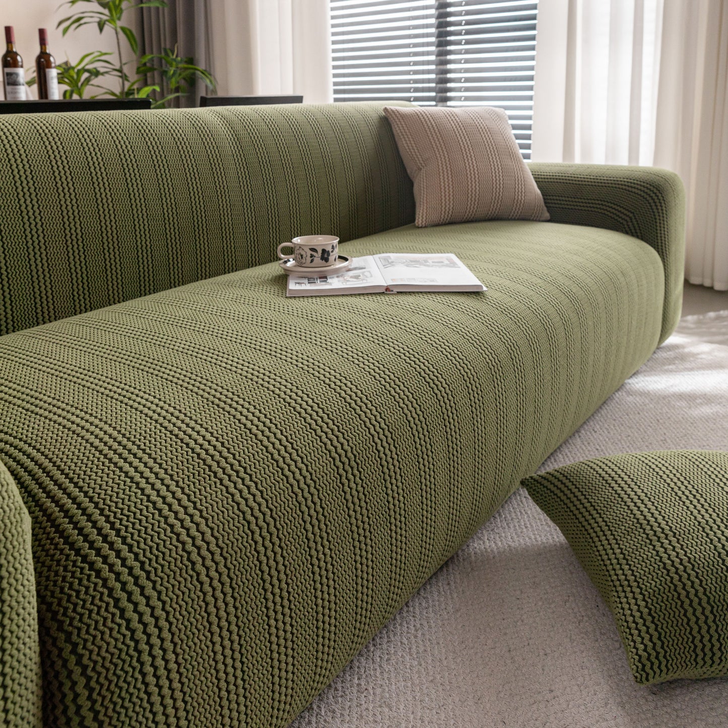 Modern Textured Stretch Sofa Cover, Plush Fleece Sofa Slipcover with 3D Stripe Texture