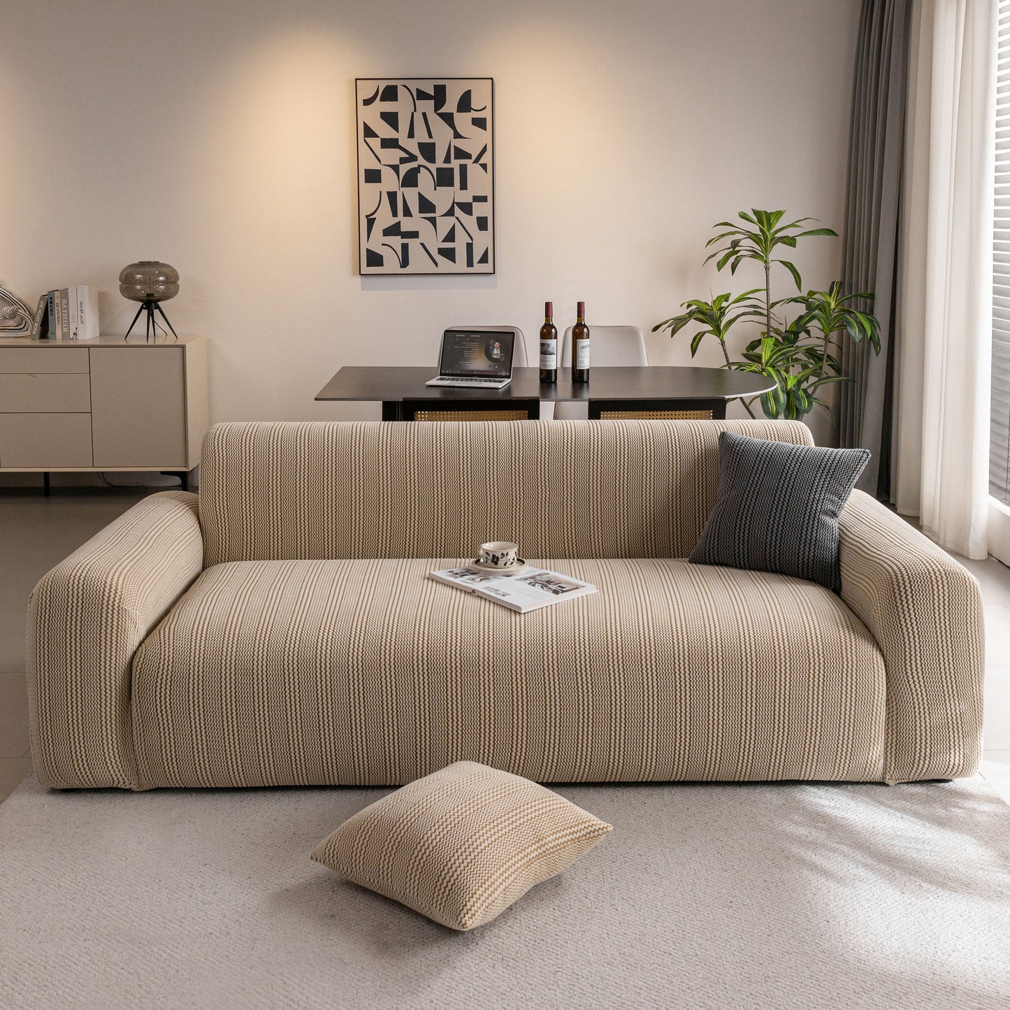 Modern Textured Stretch Sofa Cover, Plush Fleece Sofa Slipcover with 3D Stripe Texture