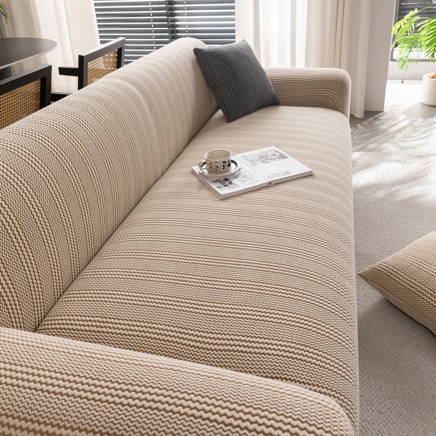 Modern Textured Stretch Sofa Cover, Plush Fleece Sofa Slipcover with 3D Stripe Texture