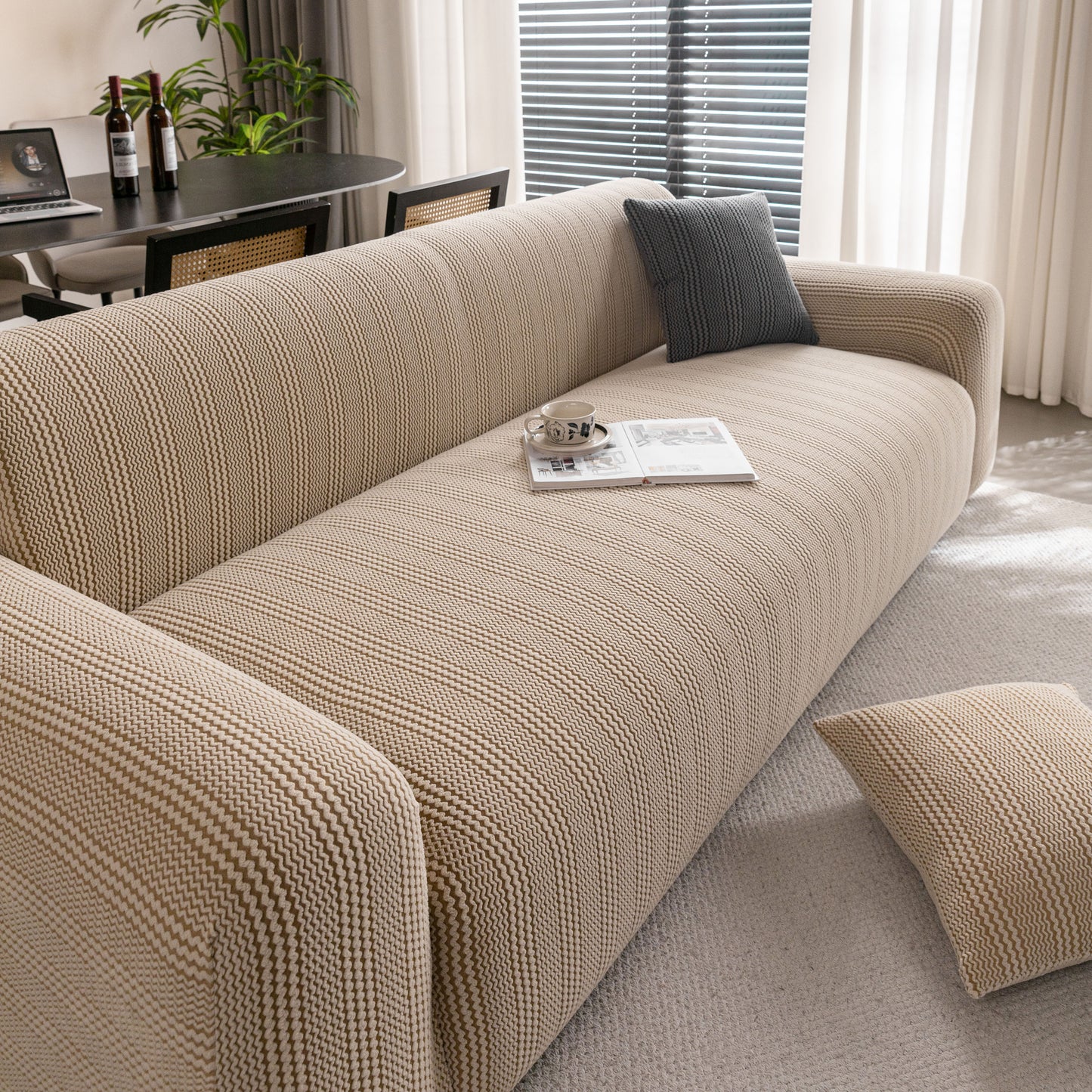Modern Textured Stretch Sofa Cover, Plush Fleece Sofa Slipcover with 3D Stripe Texture