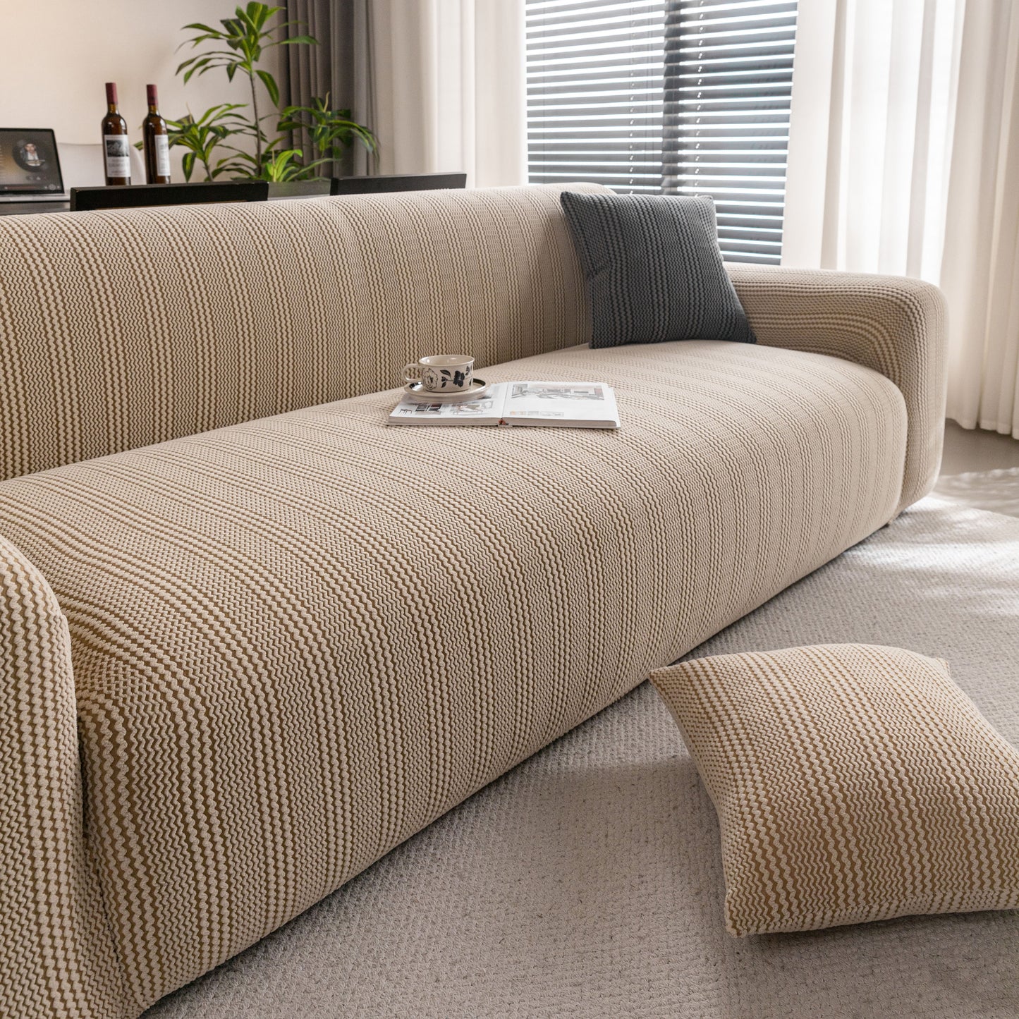 Modern Textured Stretch Sofa Cover, Plush Fleece Sofa Slipcover with 3D Stripe Texture
