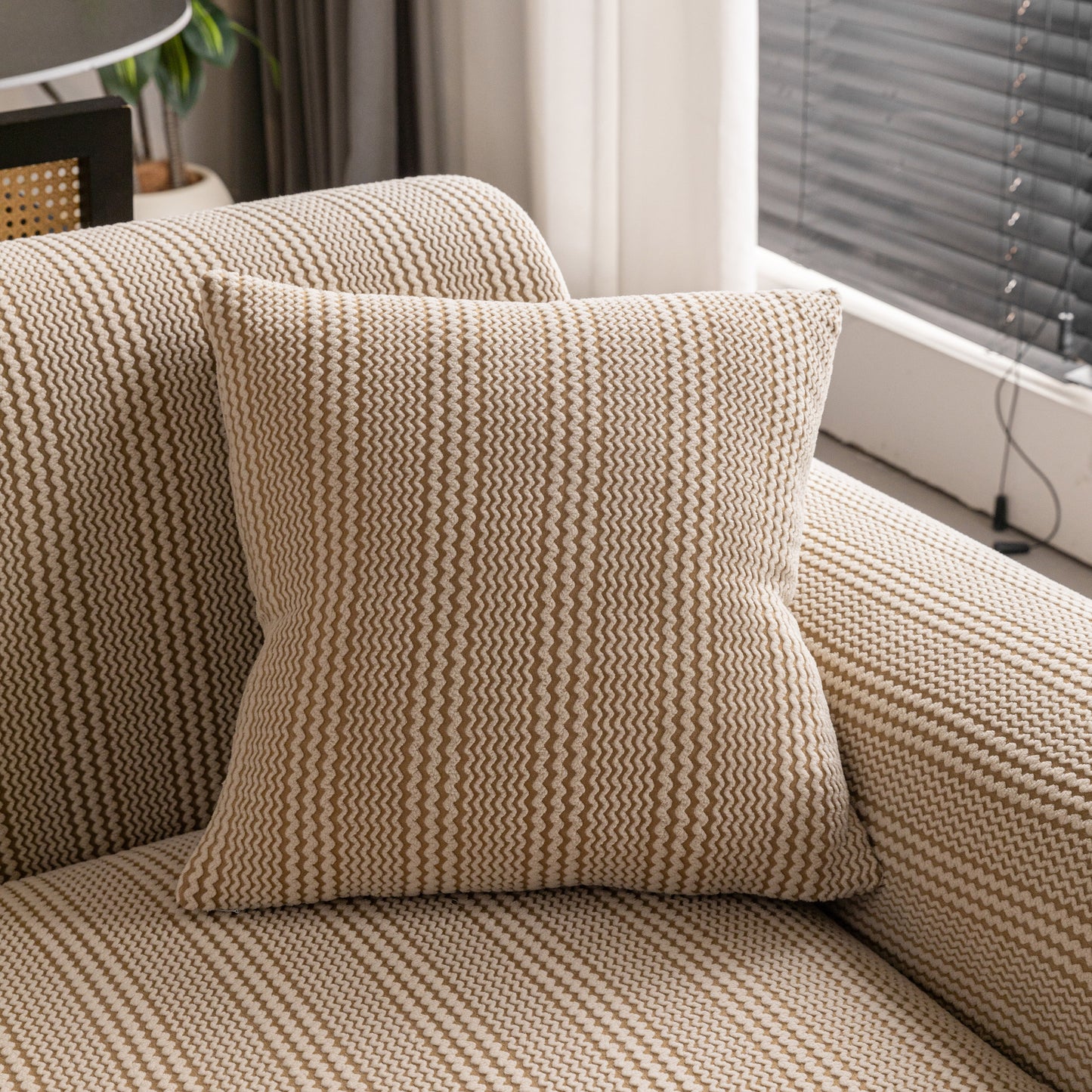 Modern Textured Stretch Sofa Cover, Plush Fleece Sofa Slipcover with 3D Stripe Texture