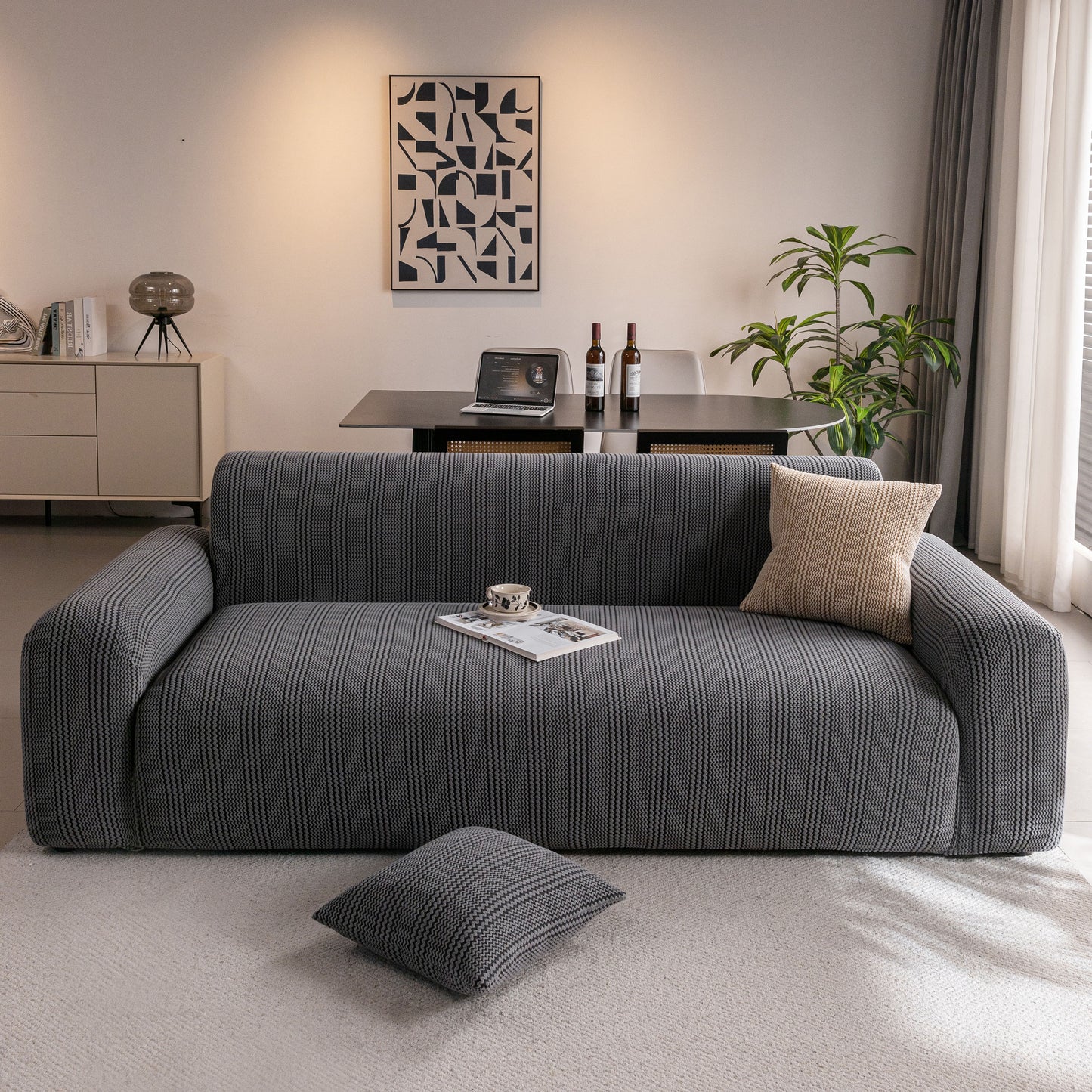 Modern Textured Stretch Sofa Cover, Plush Fleece Sofa Slipcover with 3D Stripe Texture
