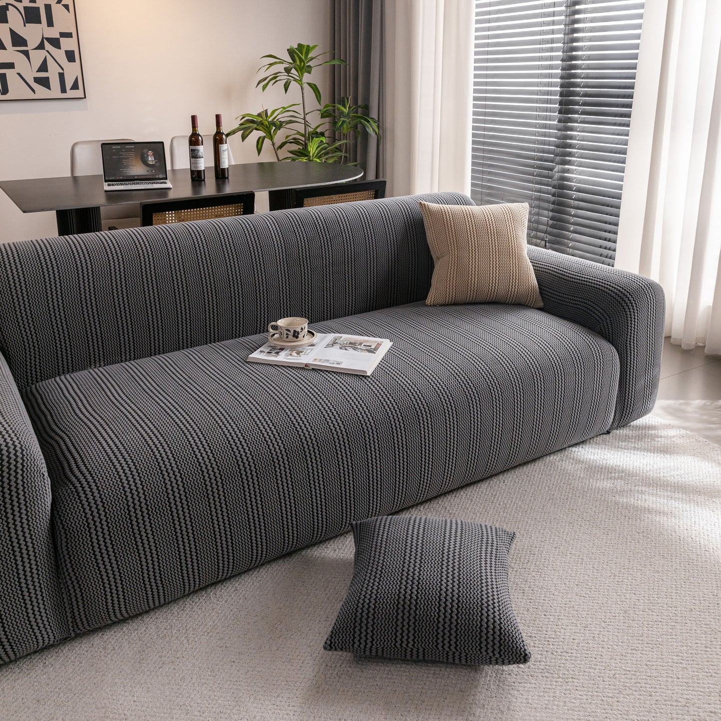 Modern Textured Stretch Sofa Cover, Plush Fleece Sofa Slipcover with 3D Stripe Texture