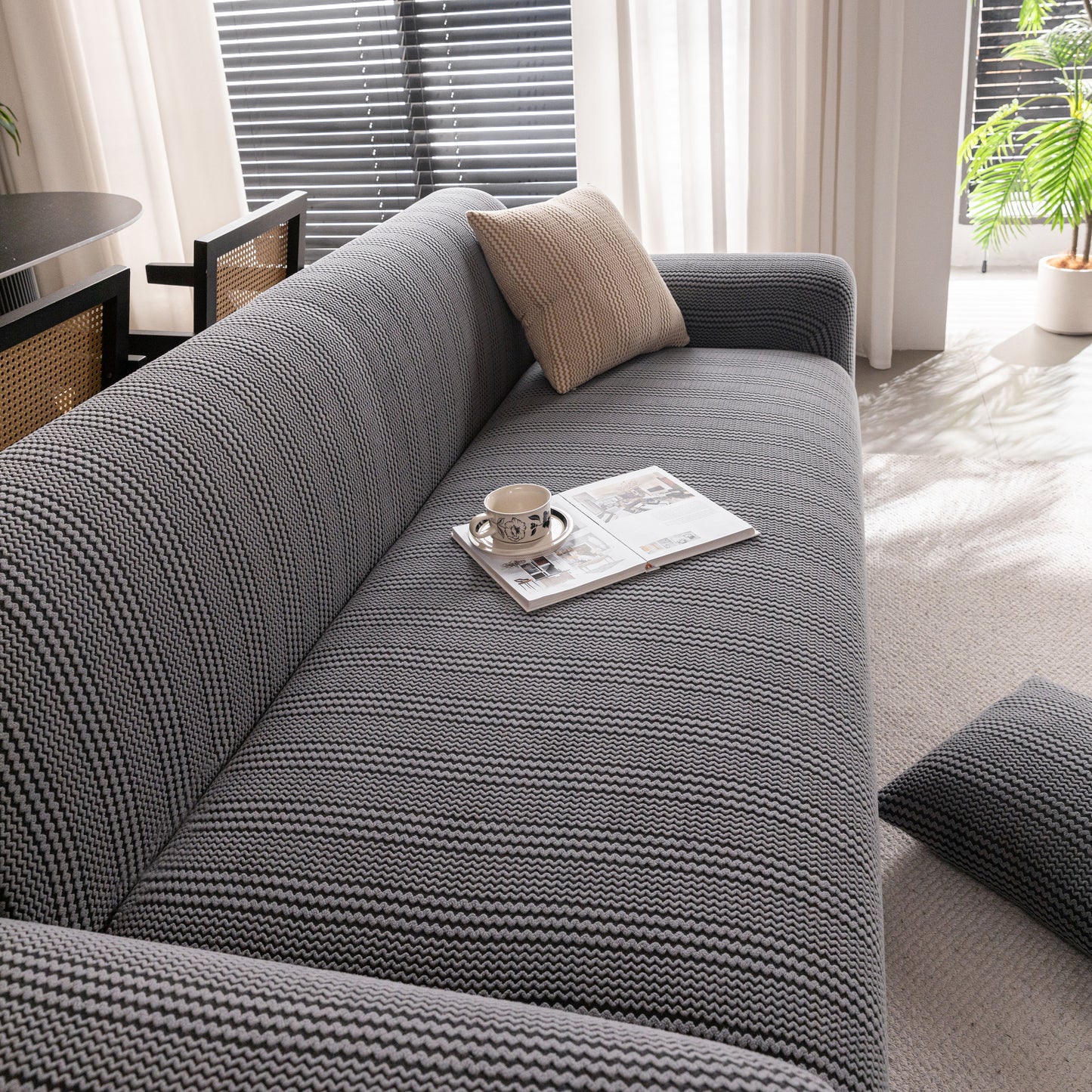 Modern Textured Stretch Sofa Cover, Plush Fleece Sofa Slipcover with 3D Stripe Texture