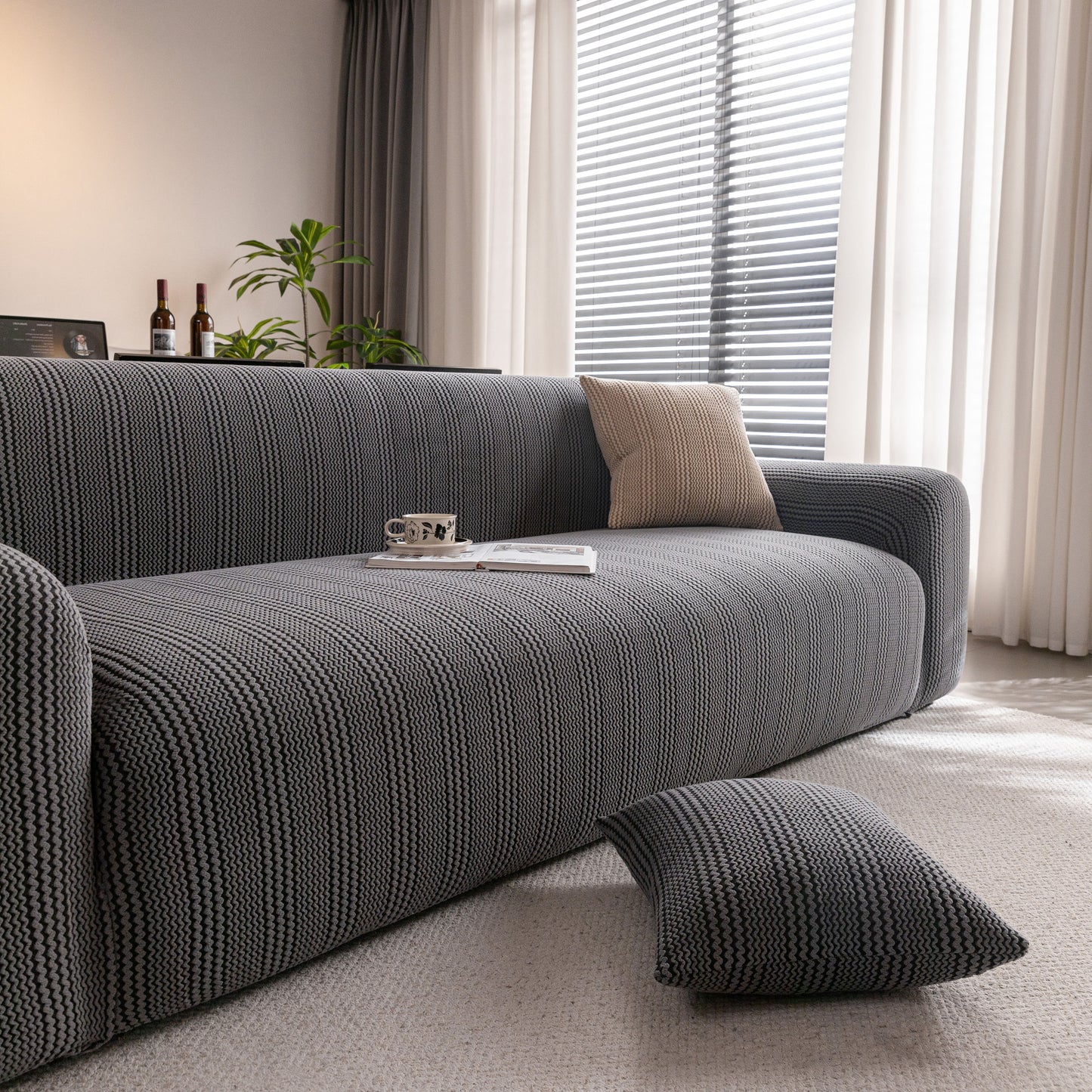 Modern Textured Stretch Sofa Cover, Plush Fleece Sofa Slipcover with 3D Stripe Texture