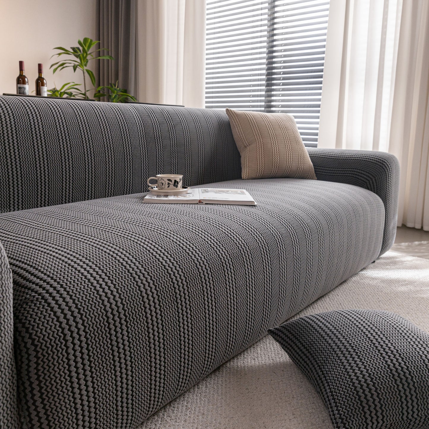 Modern Textured Stretch Sofa Cover, Plush Fleece Sofa Slipcover with 3D Stripe Texture
