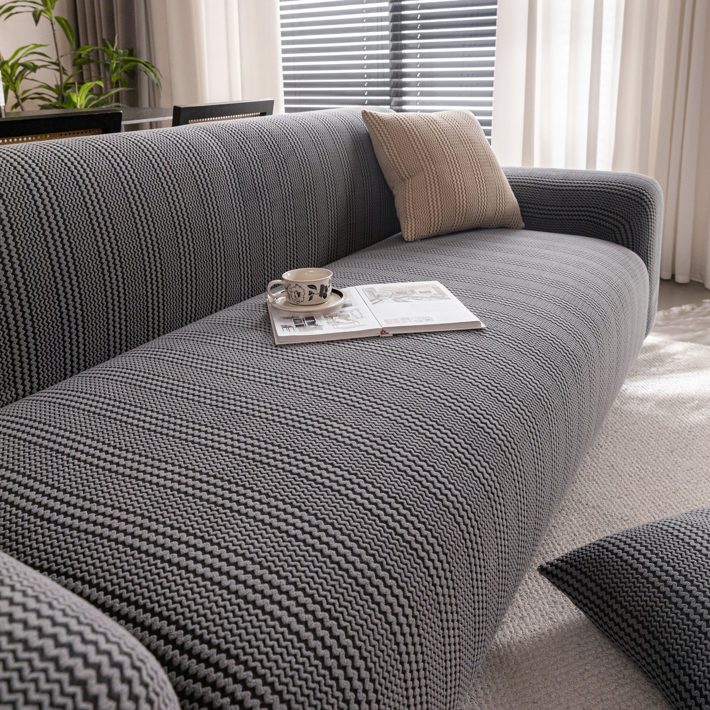 Modern Textured Stretch Sofa Cover, Plush Fleece Sofa Slipcover with 3D Stripe Texture