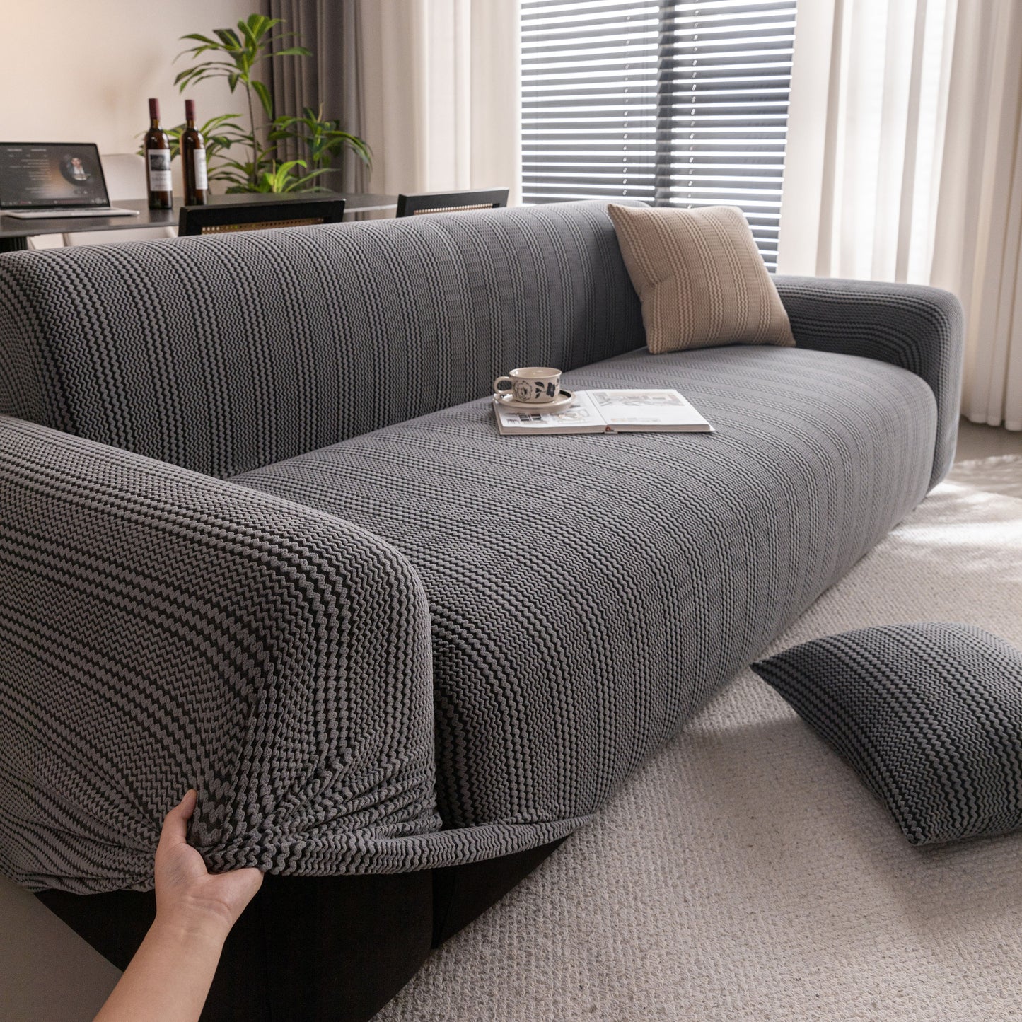 Modern Textured Stretch Sofa Cover, Plush Fleece Sofa Slipcover with 3D Stripe Texture
