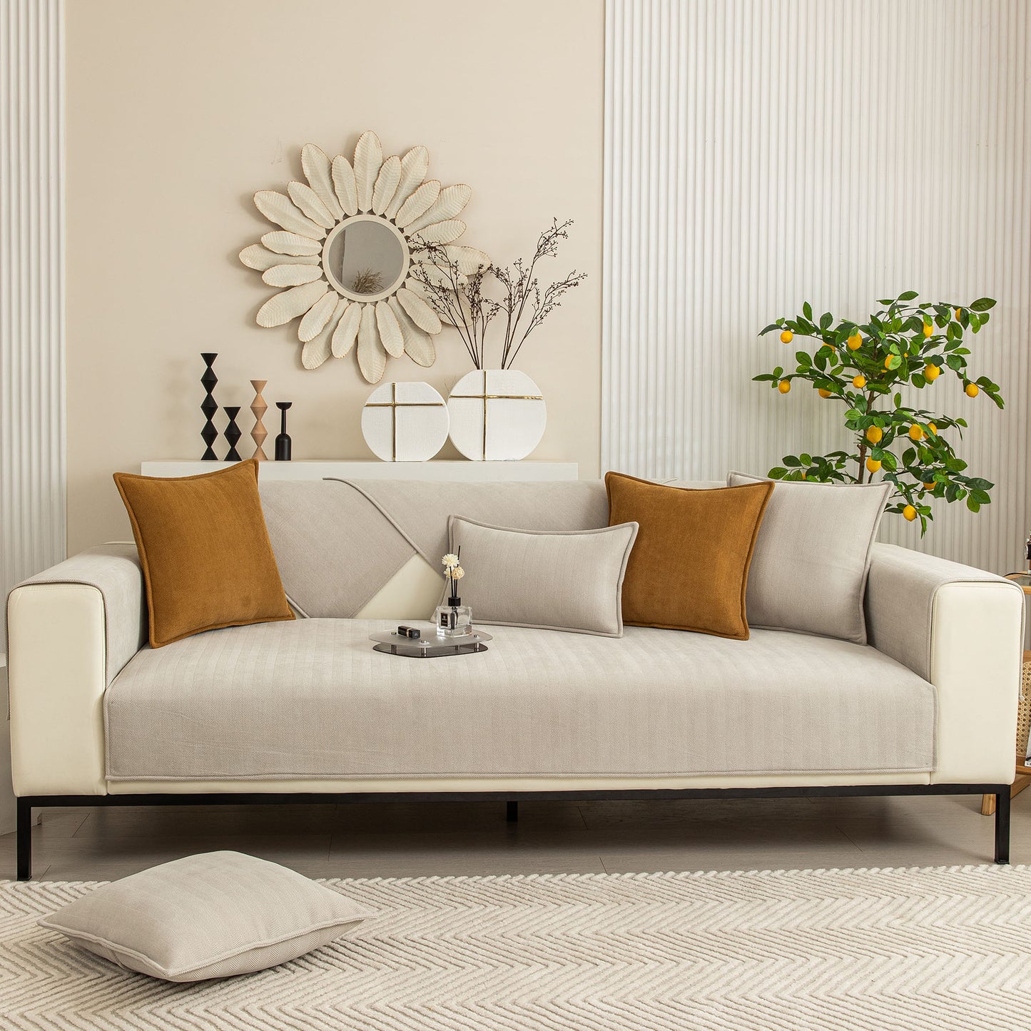 Herringbone Quilted Couch Seat and Backrest Cover, Separate Sofa Cushion Covers