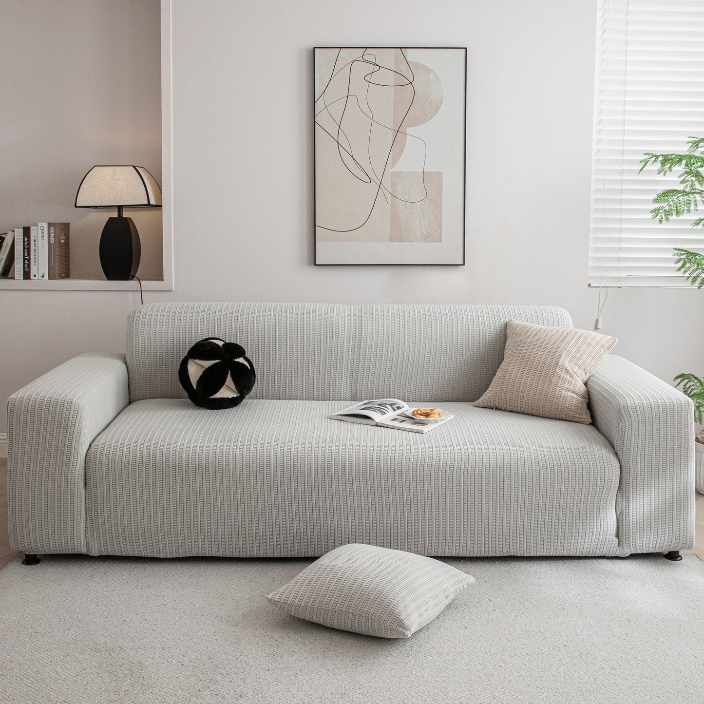 3D Grid Jacquard Sofa Cover, High Stretch Plush Waffle Couch Slipcover with Tie Straps
