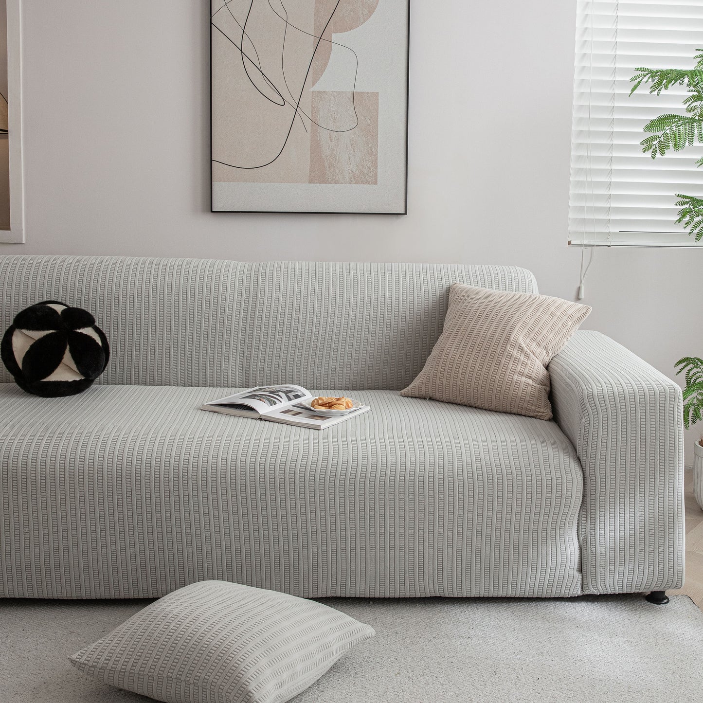 3D Grid Jacquard Sofa Cover, High Stretch Plush Waffle Couch Slipcover with Tie Straps