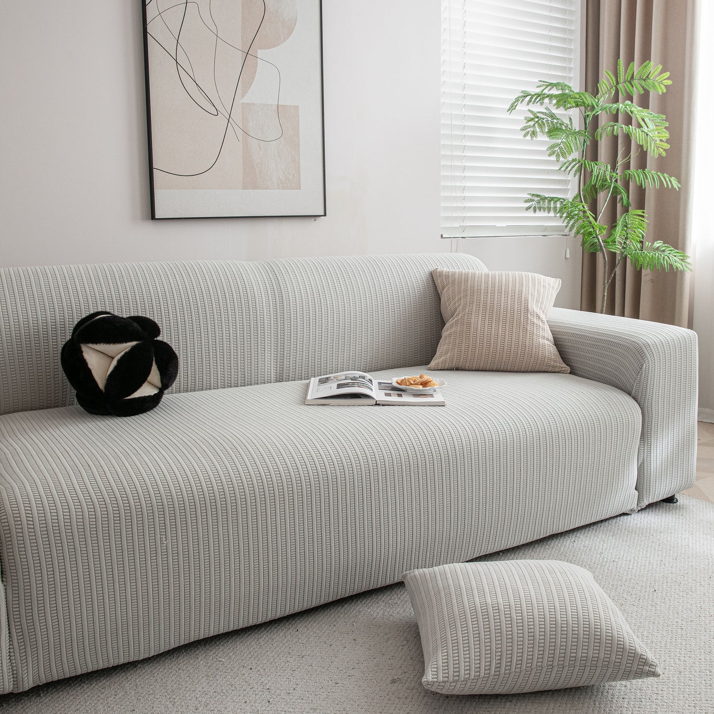 3D Grid Jacquard Sofa Cover, High Stretch Plush Waffle Couch Slipcover with Tie Straps