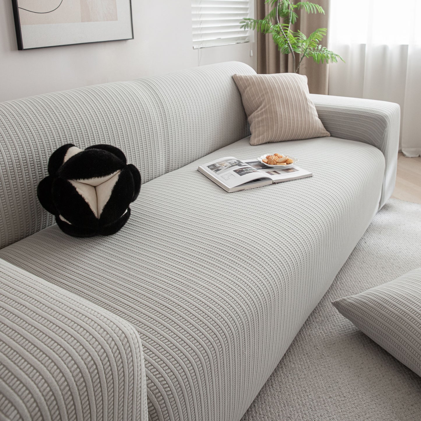 3D Grid Jacquard Sofa Cover, High Stretch Plush Waffle Couch Slipcover with Tie Straps