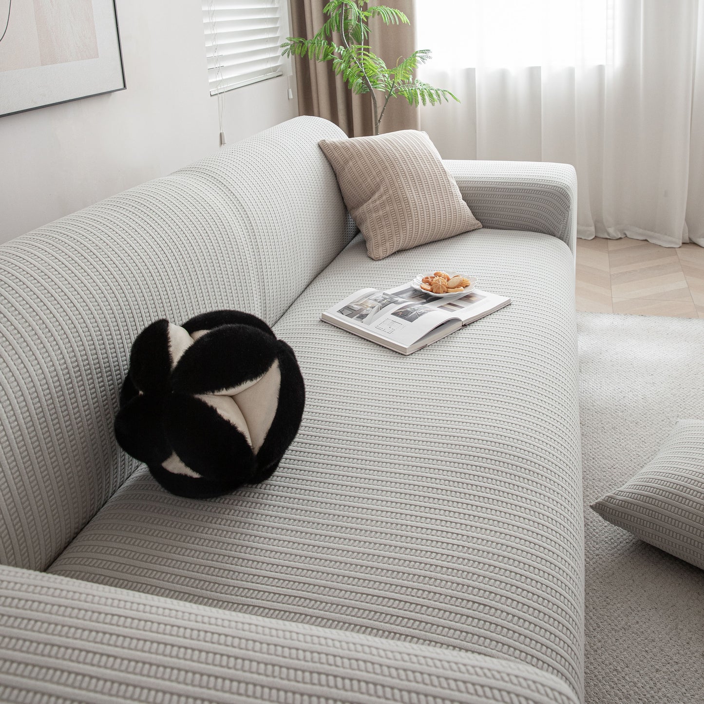 3D Grid Jacquard Sofa Cover, High Stretch Plush Waffle Couch Slipcover with Tie Straps