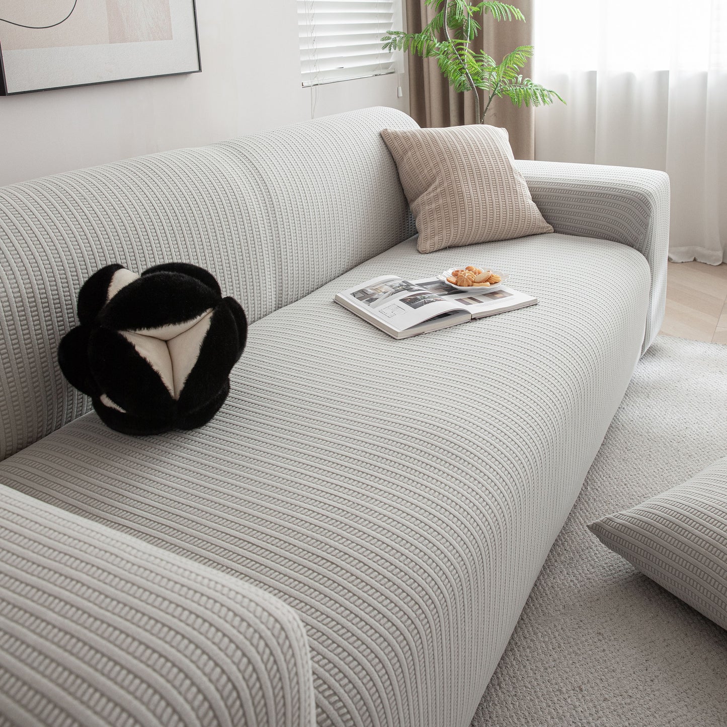 3D Grid Jacquard Sofa Cover, High Stretch Plush Waffle Couch Slipcover with Tie Straps