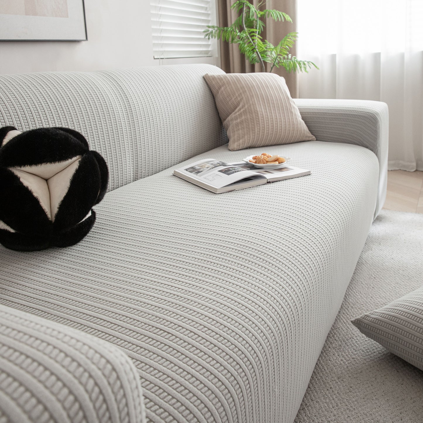 3D Grid Jacquard Sofa Cover, High Stretch Plush Waffle Couch Slipcover with Tie Straps