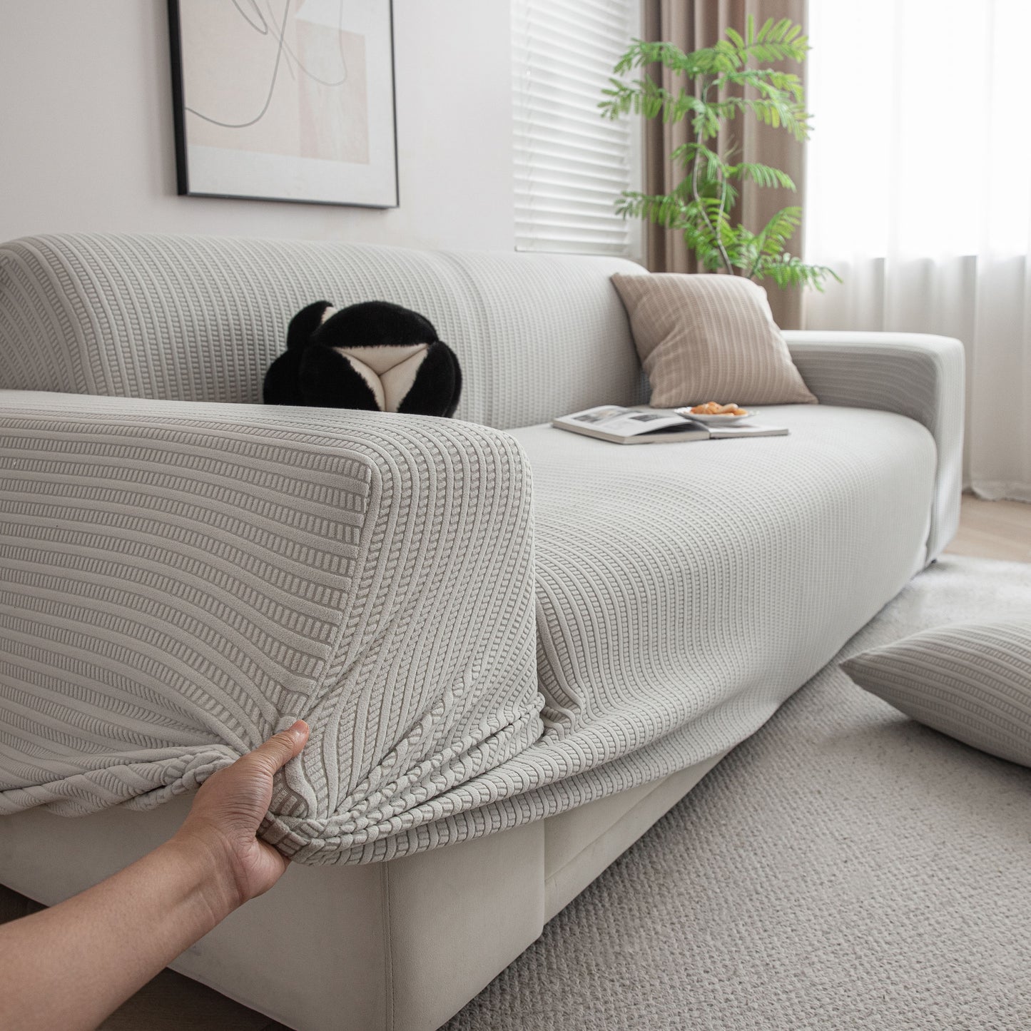 3D Grid Jacquard Sofa Cover, High Stretch Plush Waffle Couch Slipcover with Tie Straps