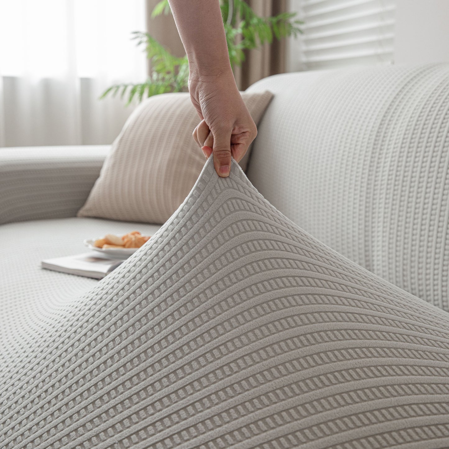 3D Grid Jacquard Sofa Cover, High Stretch Plush Waffle Couch Slipcover with Tie Straps